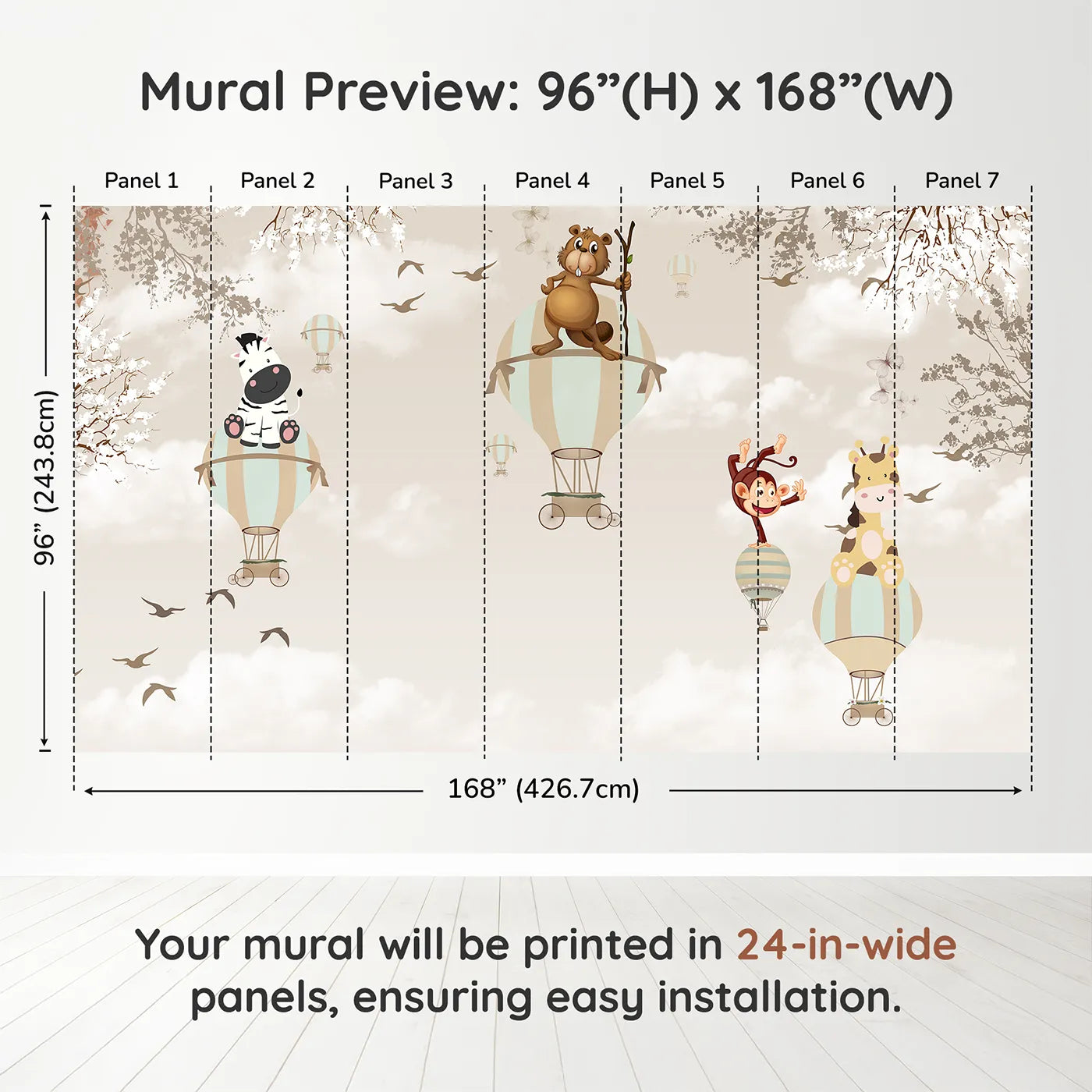 Whimsy Tots Safari Balloon Brigade Wall Muraldimension view (96" H x 168" W). Printed in seven 24-inch-wide panels. Gender-Neutral