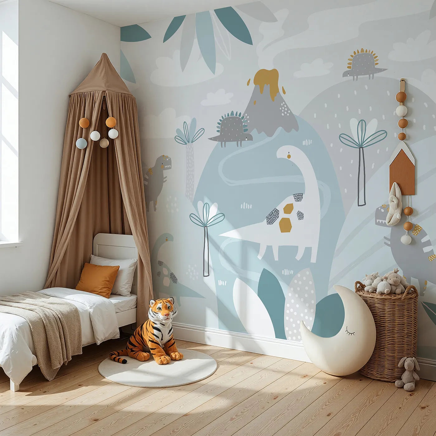 Angled view of Whimsy Tots' Pastel Dinosaur Land Wall Mural (Turn Their Room into the Sweetest, Most Gentle Prehistoric World).Gender-Neutral