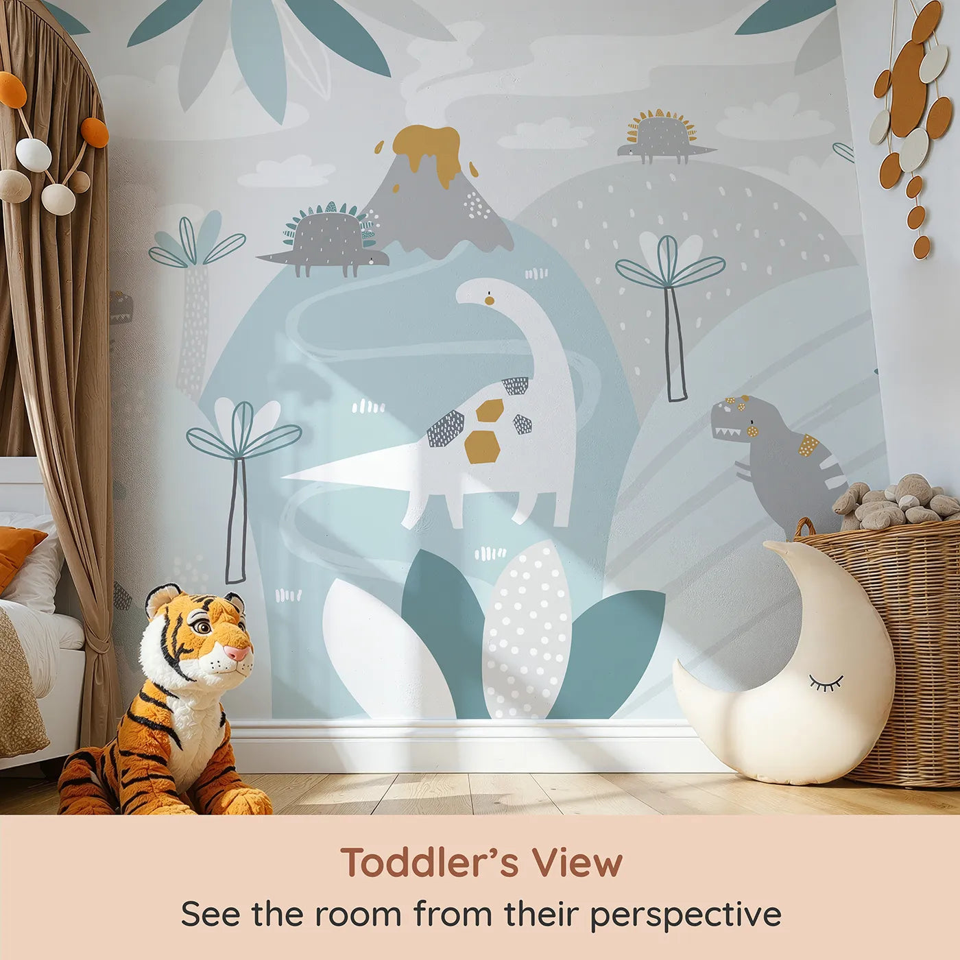 Whimsy Tots Pastel Dinosaur Land Wall Mural (Turn Their Room into the Sweetest, Most Gentle Prehistoric World) from your child's view.Gender-Neutral