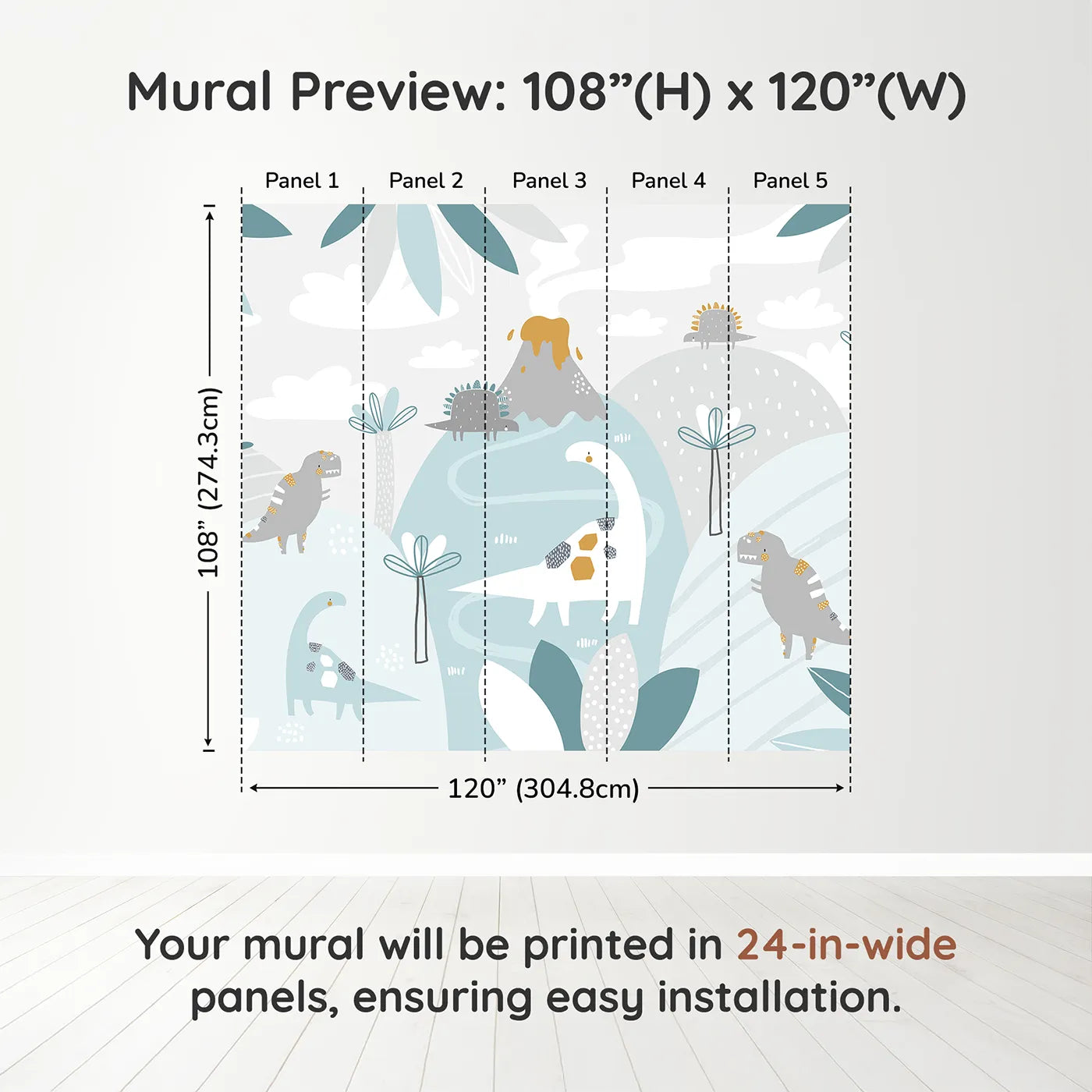 Whimsy Tots Pastel Dinosaur Land Wall Muraldimension view (108" H x 120" W). Printed in five 24-inch-wide panels. Gender-Neutral