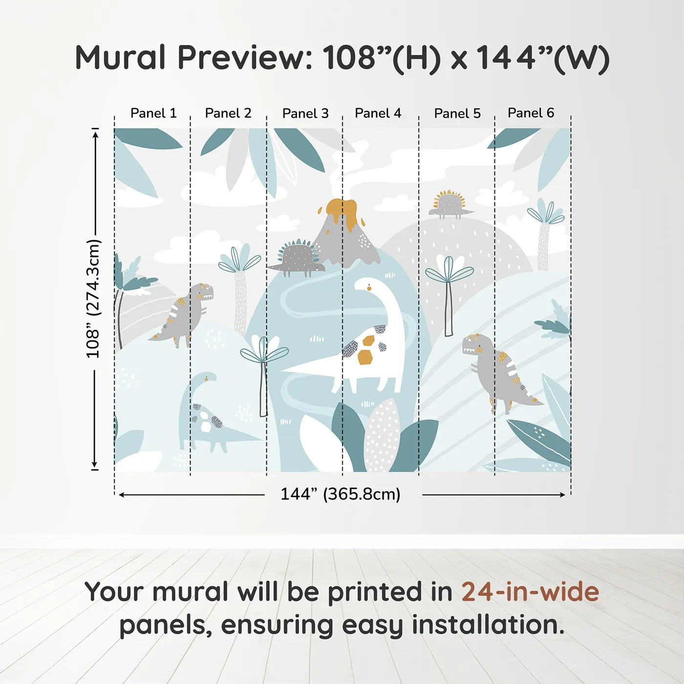 Whimsy Tots Pastel Dinosaur Land Wall Muraldimension view (108" H x 144" W). Printed in six 24-inch-wide panels. Gender-Neutral