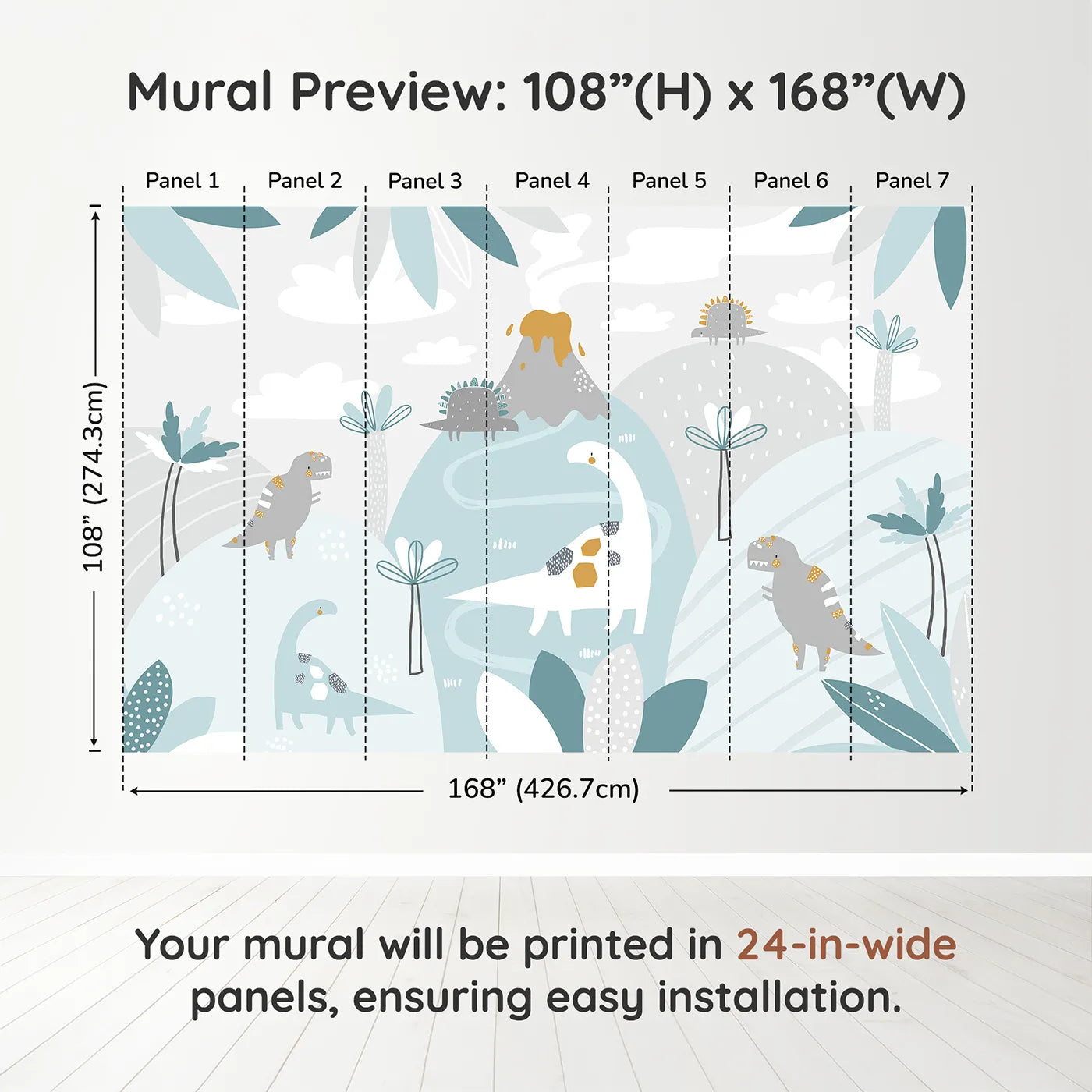 Whimsy Tots Pastel Dinosaur Land Wall Muraldimension view (108" H x 168" W). Printed in seven 24-inch-wide panels. Gender-Neutral