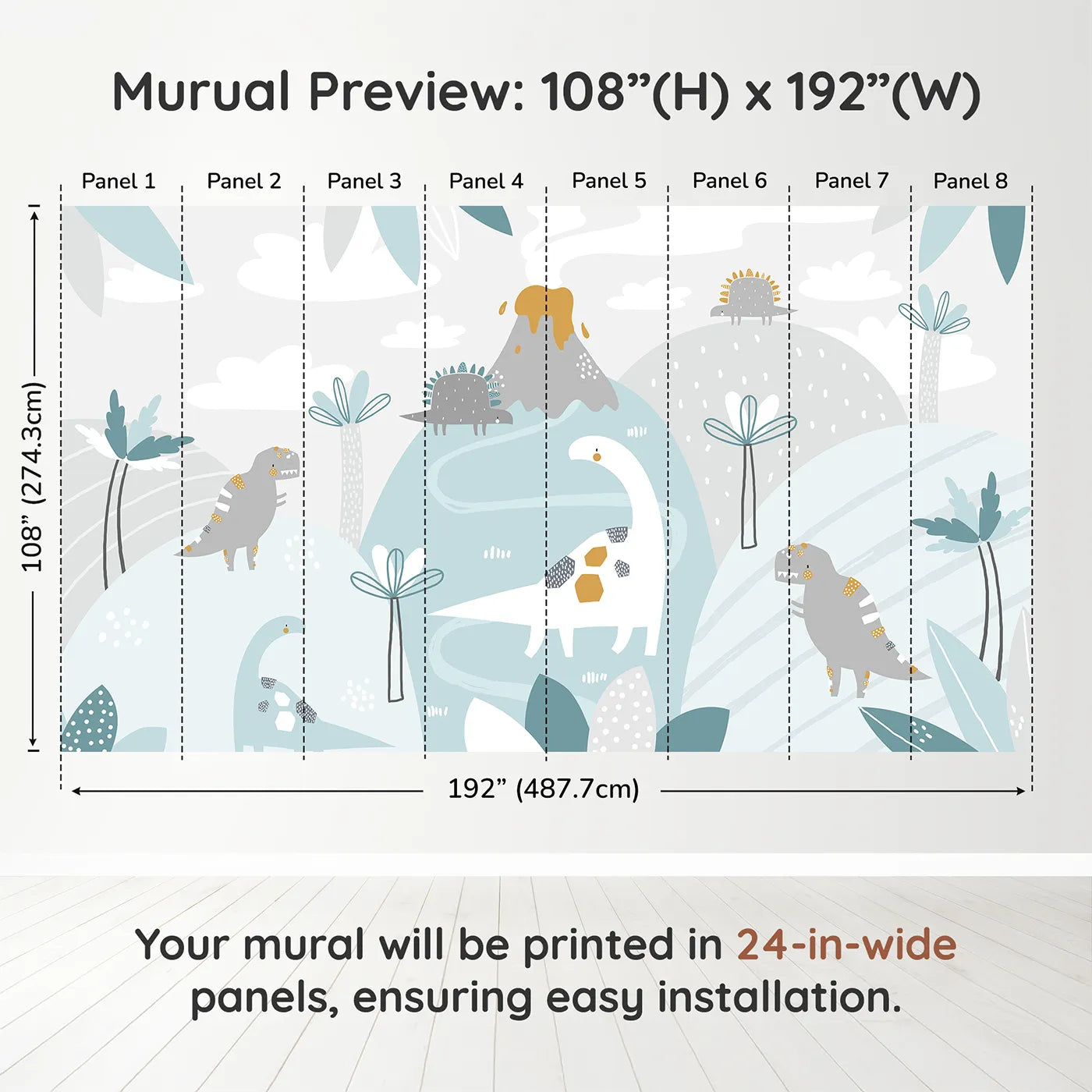 Whimsy Tots Pastel Dinosaur Land Wall Muraldimension view (108" H x 192" W). Printed in eight 24-inch-wide panels. Gender-Neutral