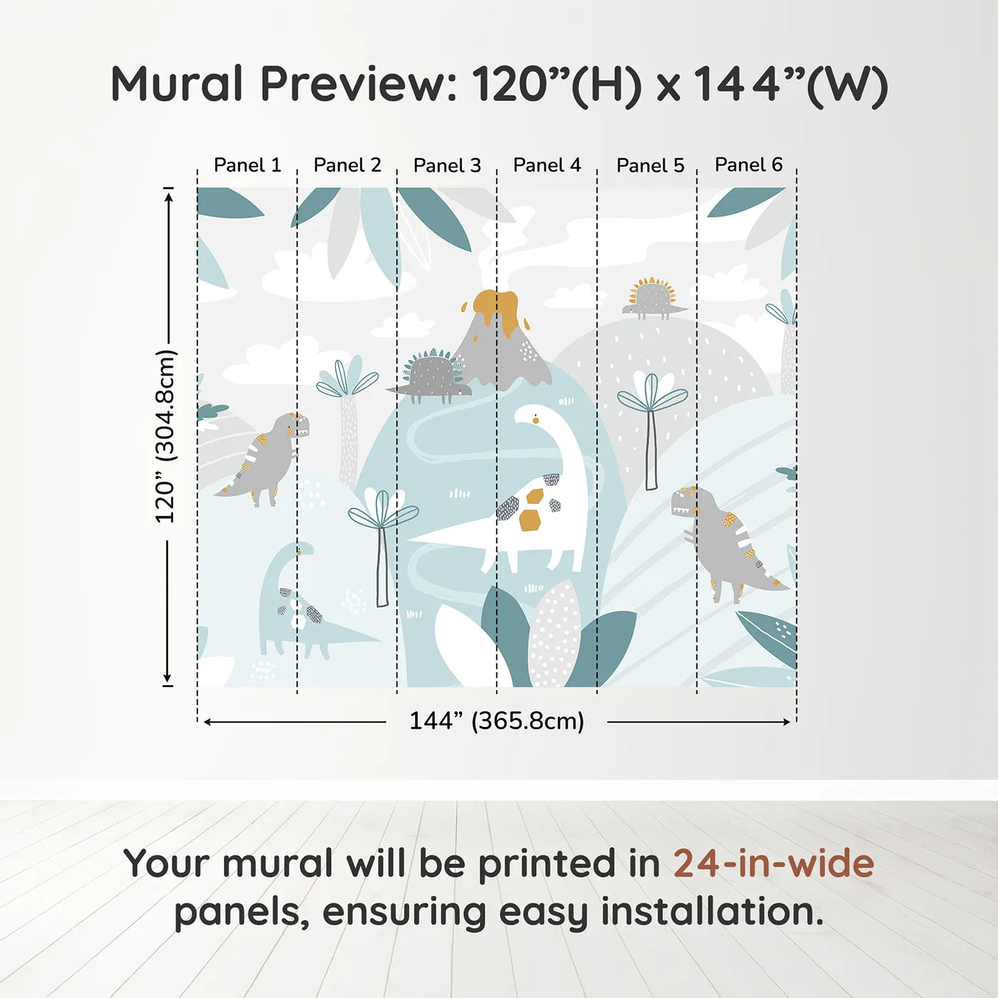 Whimsy Tots Pastel Dinosaur Land Wall Muraldimension view (120" H x 144" W). Printed in six 24-inch-wide panels. Gender-Neutral