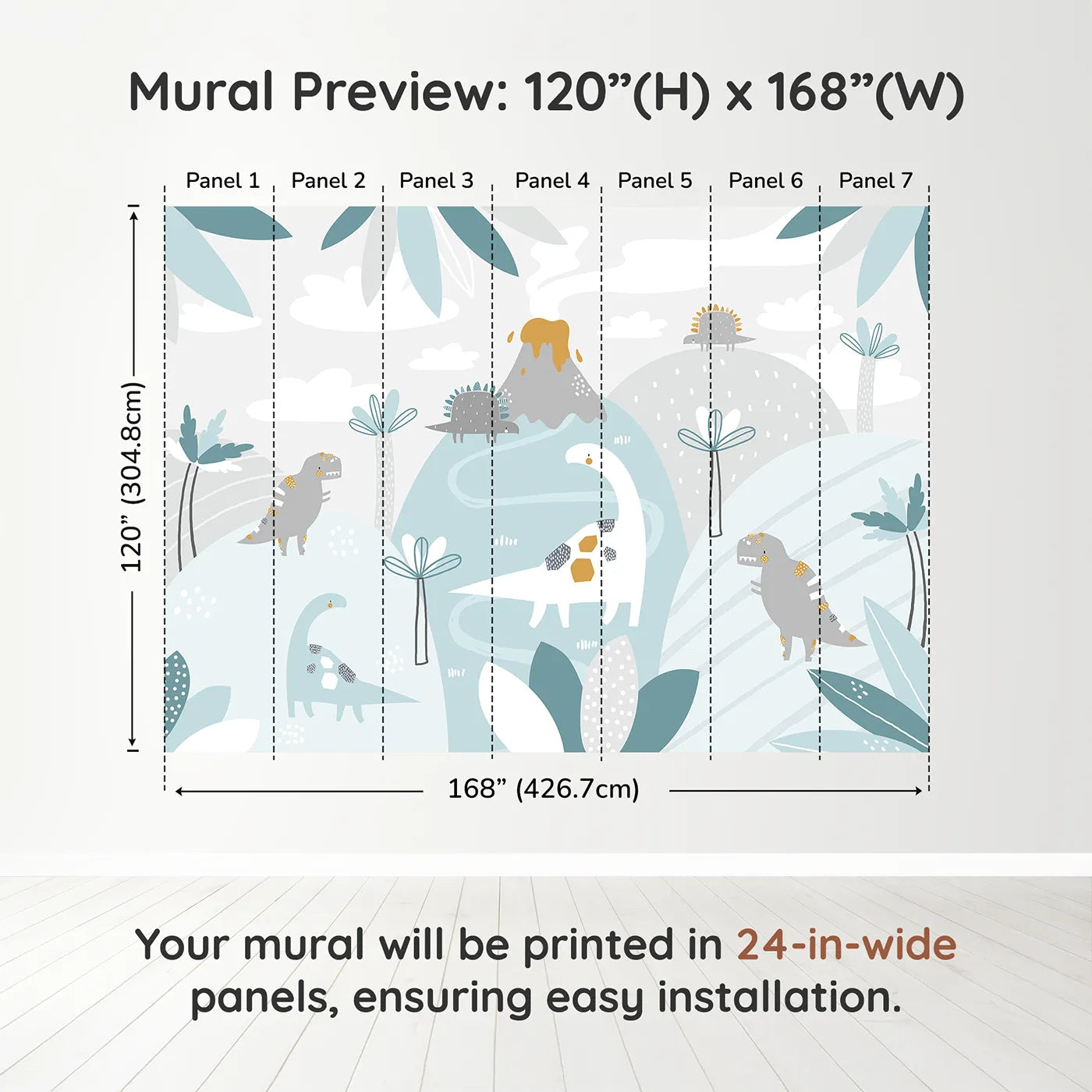 Whimsy Tots Pastel Dinosaur Land Wall Muraldimension view (120" H x 168" W). Printed in seven 24-inch-wide panels. Gender-Neutral
