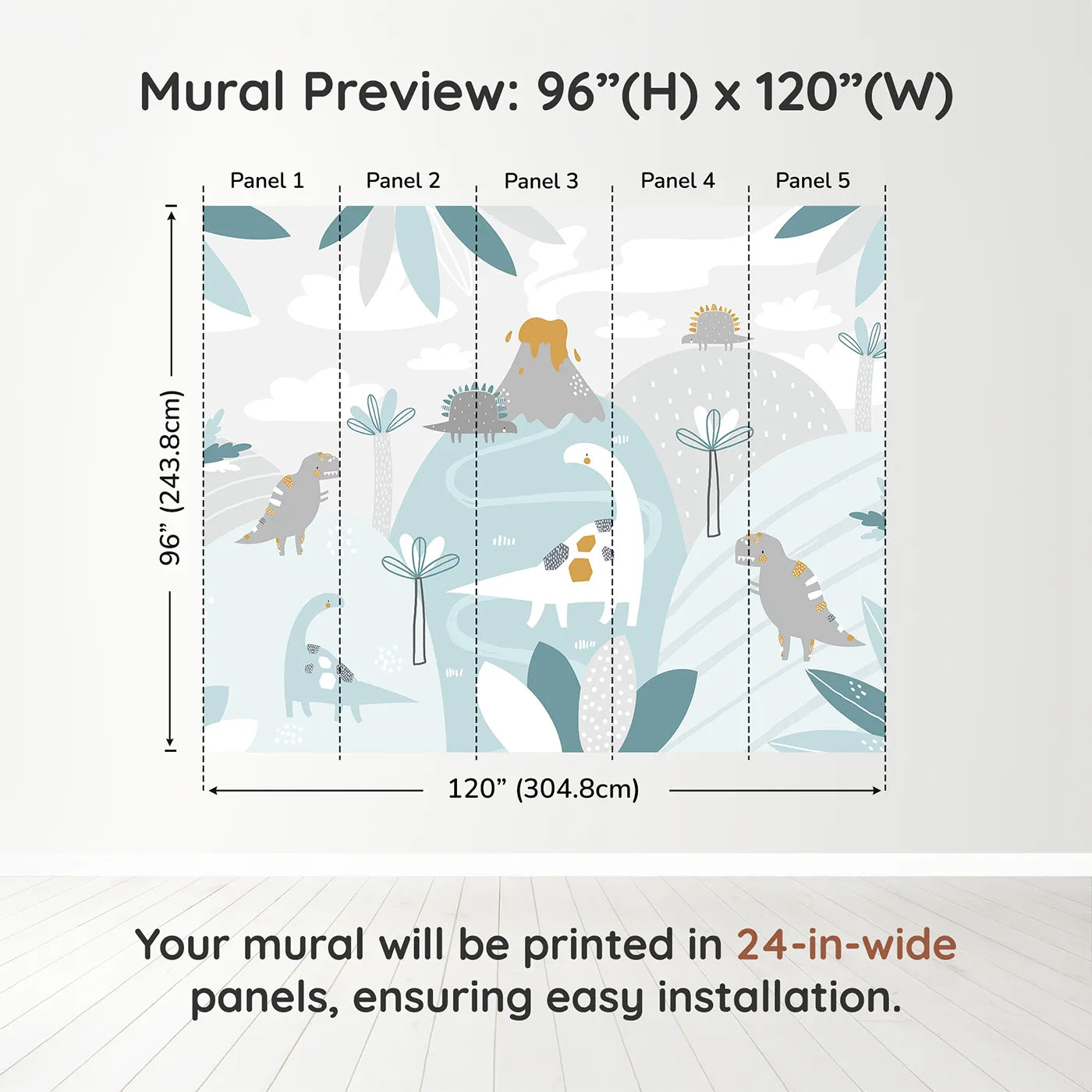 Whimsy Tots Pastel Dinosaur Land Wall Muraldimension view (96" H x 120" W). Printed in five 24-inch-wide panels. Gender-Neutral