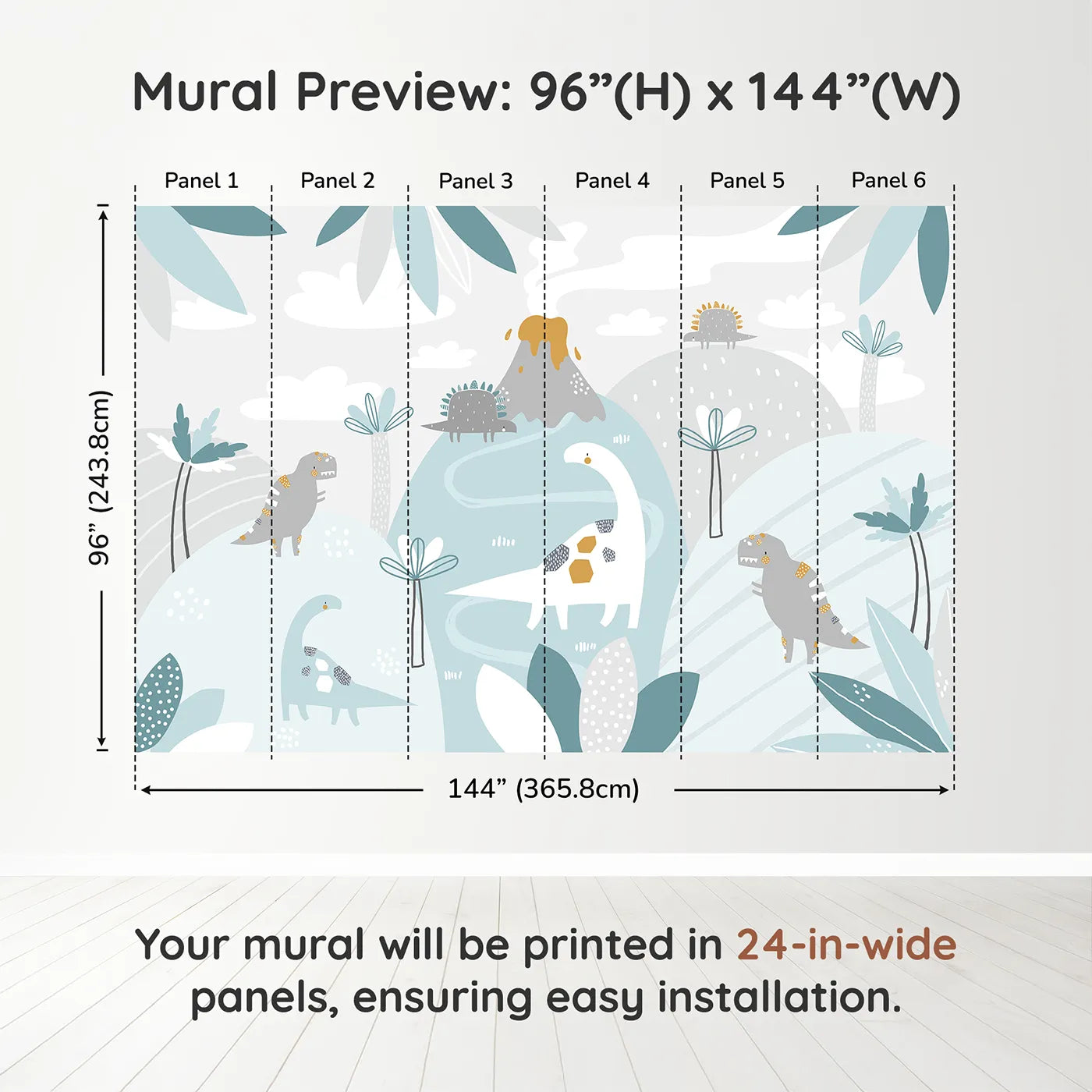 Whimsy Tots Pastel Dinosaur Land Wall Muraldimension view (96" H x 144" W). Printed in six 24-inch-wide panels. Gender-Neutral