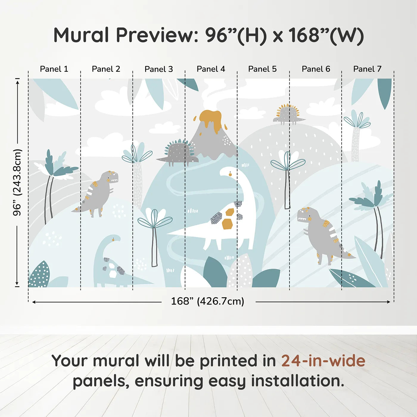 Whimsy Tots Pastel Dinosaur Land Wall Muraldimension view (96" H x 168" W). Printed in seven 24-inch-wide panels. Gender-Neutral
