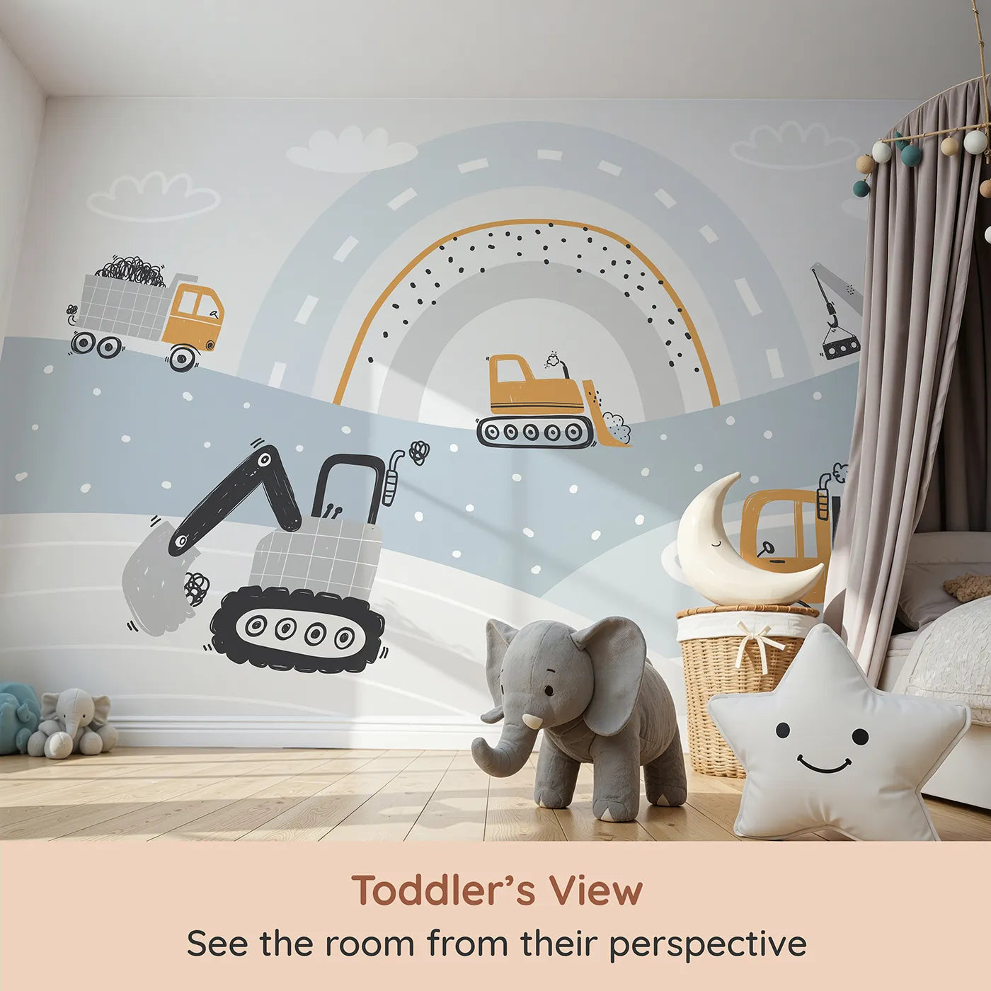 Whimsy Tots Rainbow Construction Zone Wall Mural (Turn Their Room into the Happiest, Most Colorful Work Site) from your child's view.Best for Boys