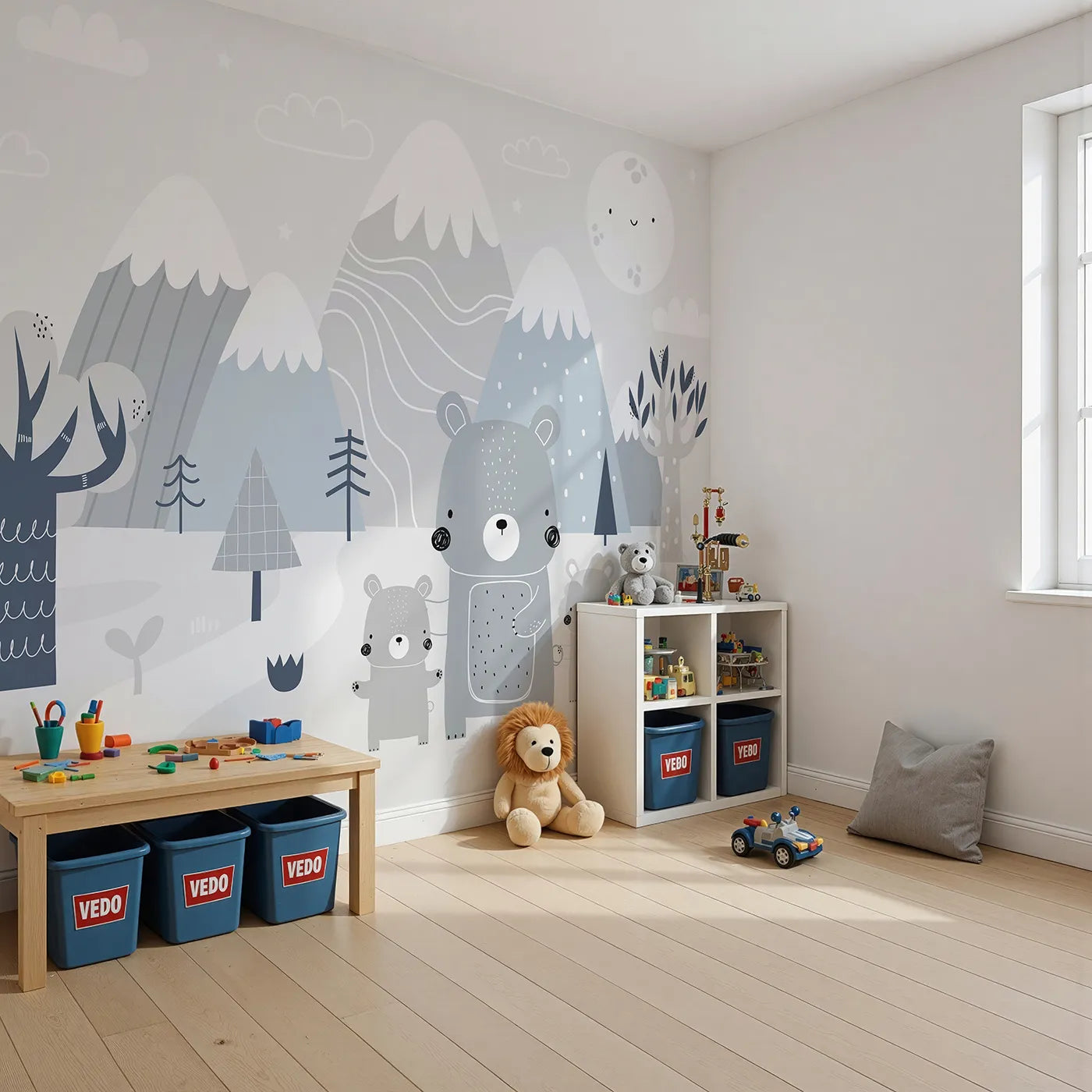 Angled view of Whimsy Tots' Bear Family Mountain Walk Wall Mural (Turn Their Room into a Sweet and Gentle Woodland Adventure).Gender-Neutral