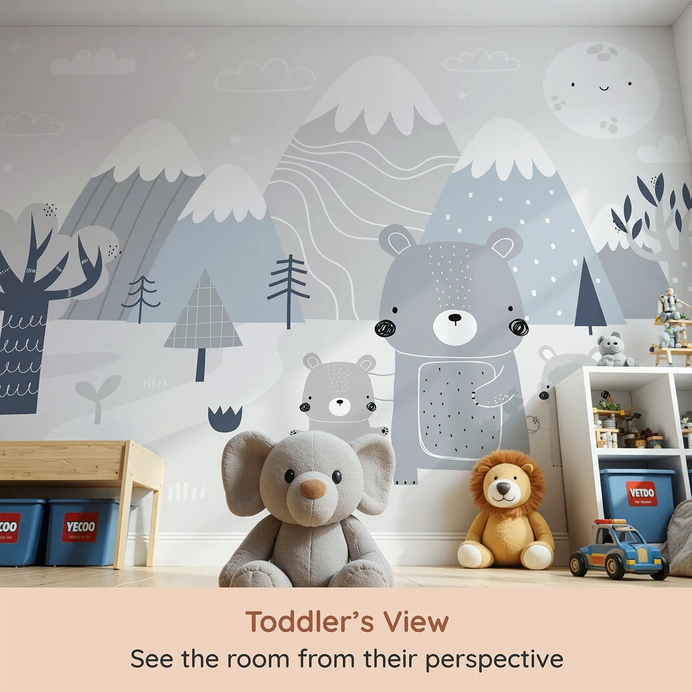 Whimsy Tots Bear Family Mountain Walk Wall Mural (Turn Their Room into a Sweet and Gentle Woodland Adventure) from your child's view.Gender-Neutral