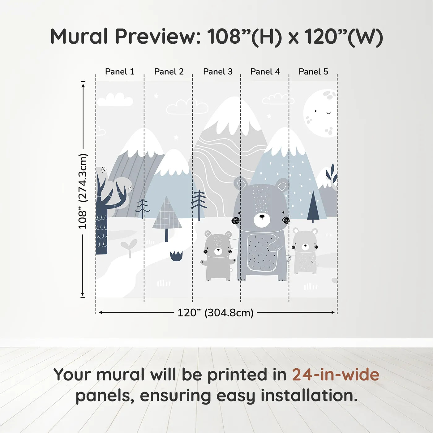 Whimsy Tots Bear Family Mountain Walk Wall Muraldimension view (108" H x 120" W). Printed in five 24-inch-wide panels. Gender-Neutral
