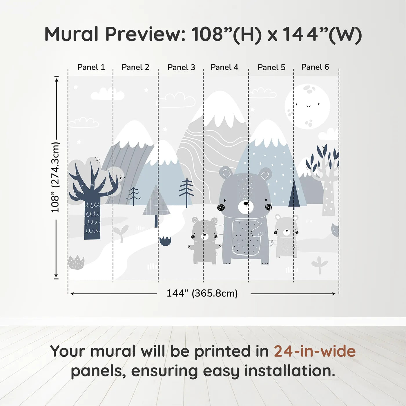 Whimsy Tots Bear Family Mountain Walk Wall Muraldimension view (108" H x 144" W). Printed in six 24-inch-wide panels. Gender-Neutral