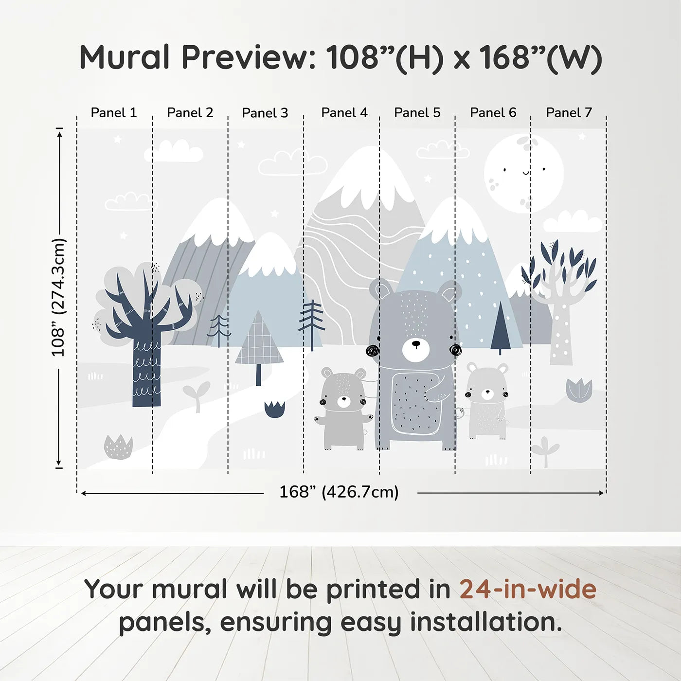 Whimsy Tots Bear Family Mountain Walk Wall Muraldimension view (108" H x 168" W). Printed in seven 24-inch-wide panels. Gender-Neutral