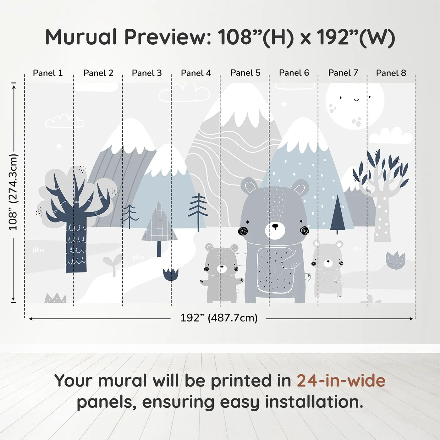 Whimsy Tots Bear Family Mountain Walk Wall Muraldimension view (108" H x 192" W). Printed in eight 24-inch-wide panels. Gender-Neutral