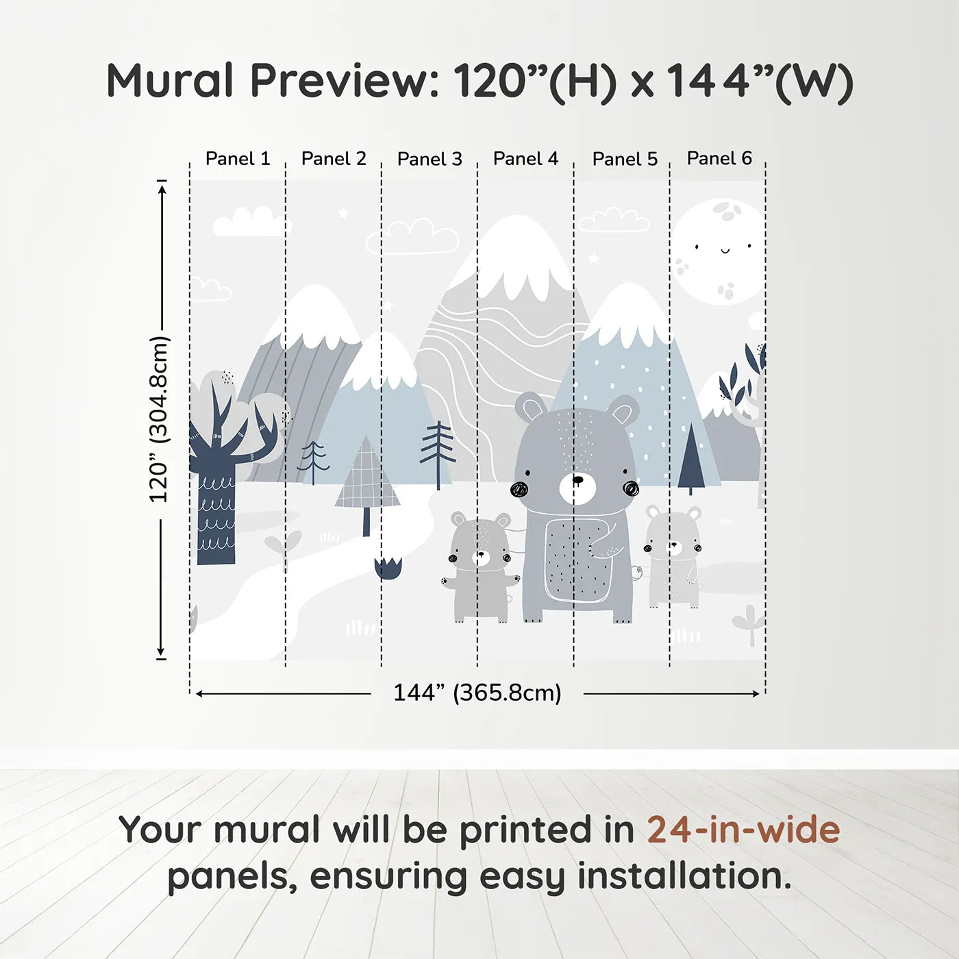 Whimsy Tots Bear Family Mountain Walk Wall Muraldimension view (120" H x 144" W). Printed in six 24-inch-wide panels. Gender-Neutral
