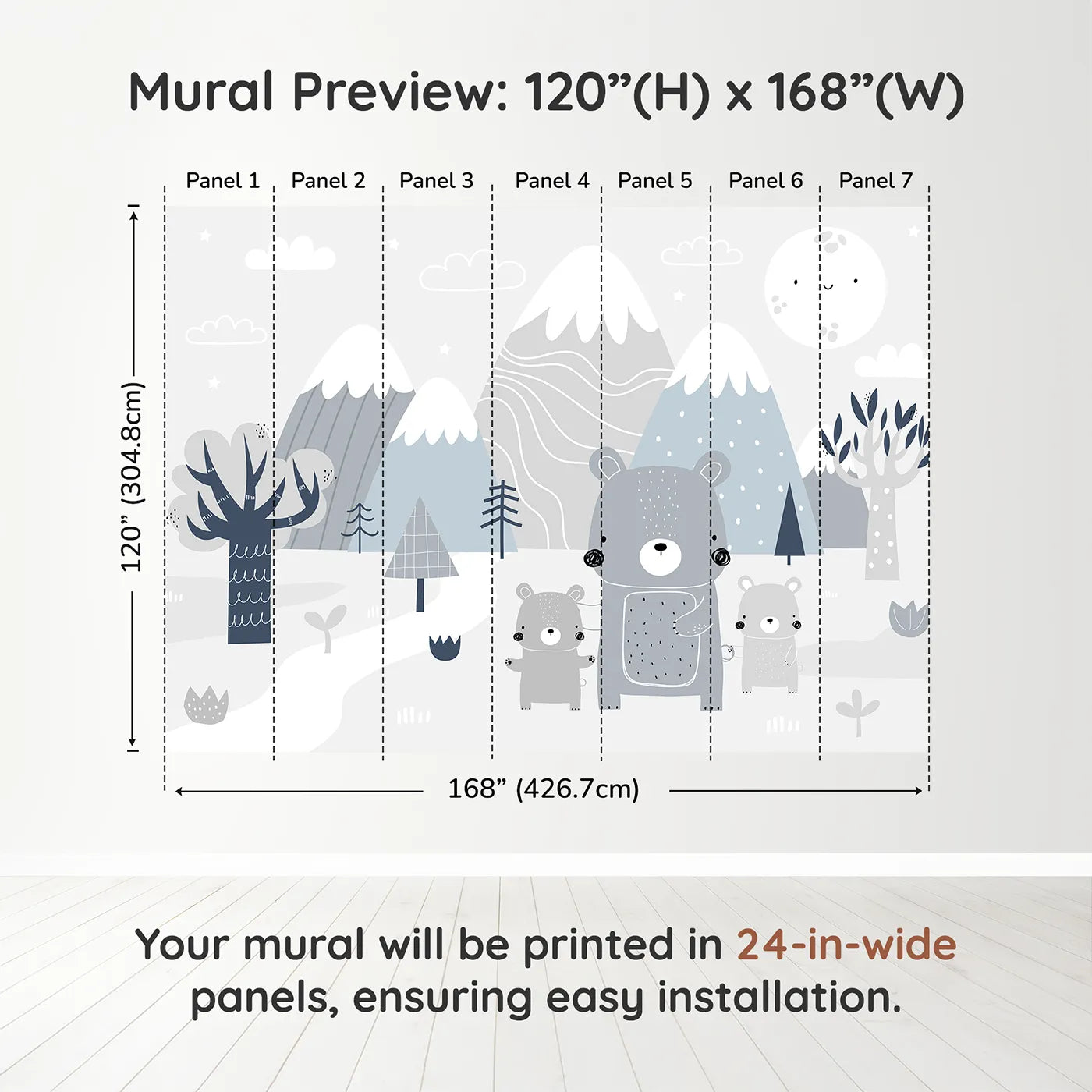 Whimsy Tots Bear Family Mountain Walk Wall Muraldimension view (120" H x 168" W). Printed in seven 24-inch-wide panels. Gender-Neutral