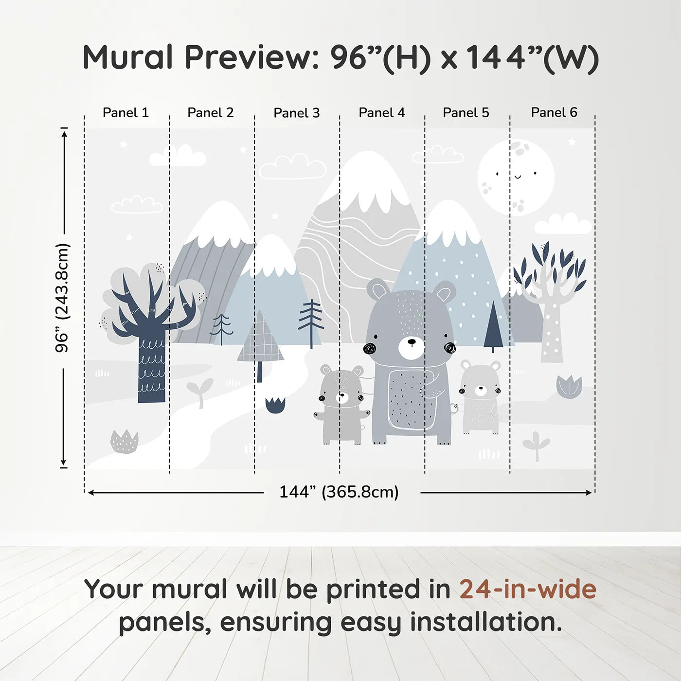 Whimsy Tots Bear Family Mountain Walk Wall Muraldimension view (96" H x 144" W). Printed in six 24-inch-wide panels. Gender-Neutral