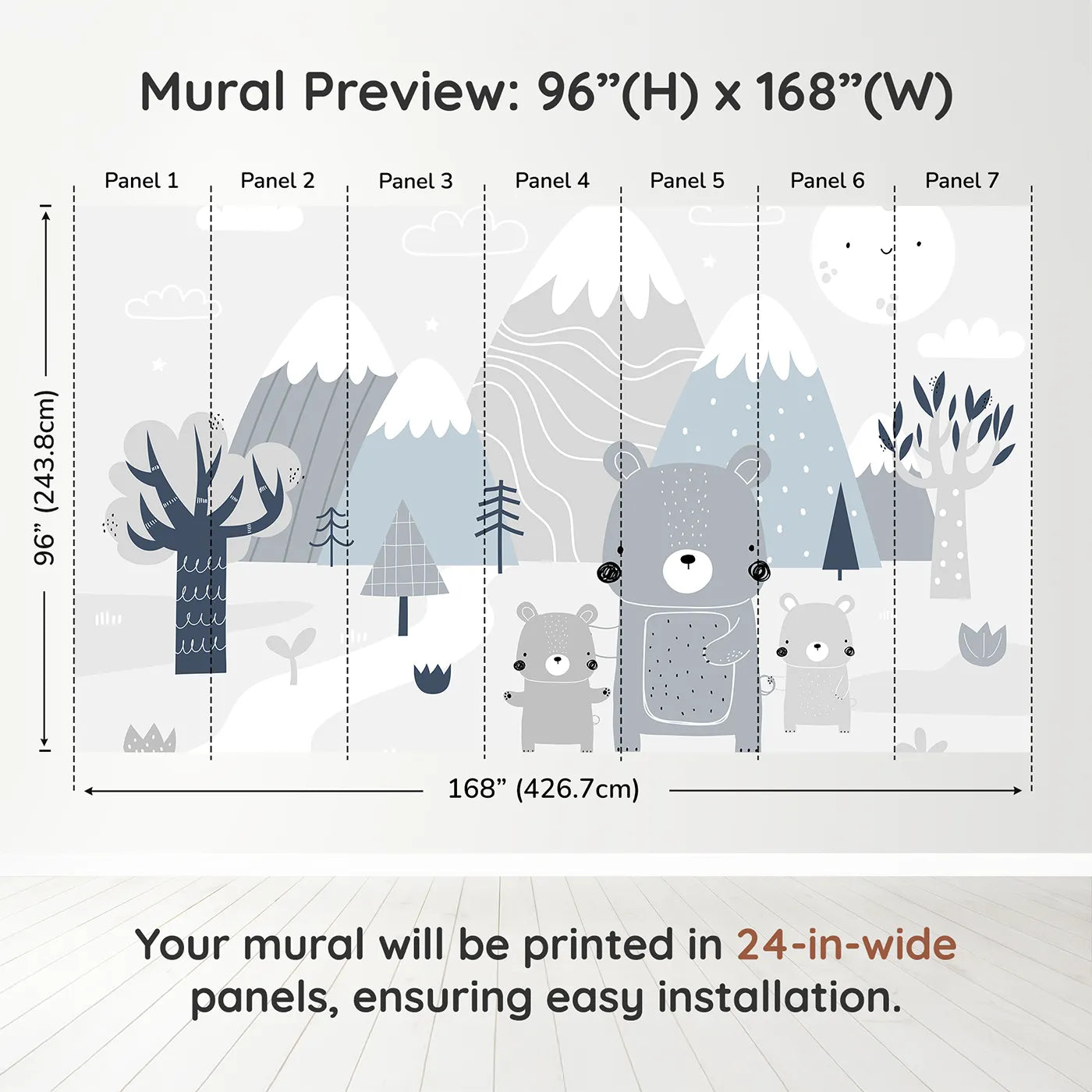 Whimsy Tots Bear Family Mountain Walk Wall Muraldimension view (96" H x 168" W). Printed in seven 24-inch-wide panels. Gender-Neutral