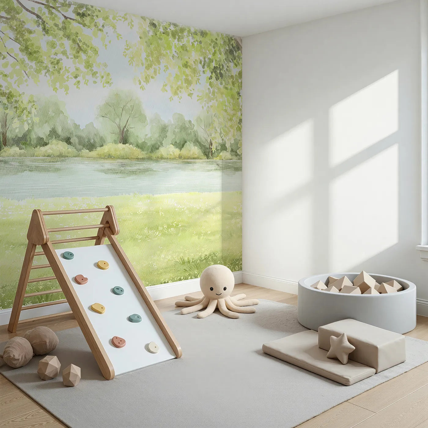 Angled view of Whimsy Tots' Peaceful Riverbank Wall Mural (Turn Their Room into a Serene, Sunlit Waterside Escape).Gender-Neutral