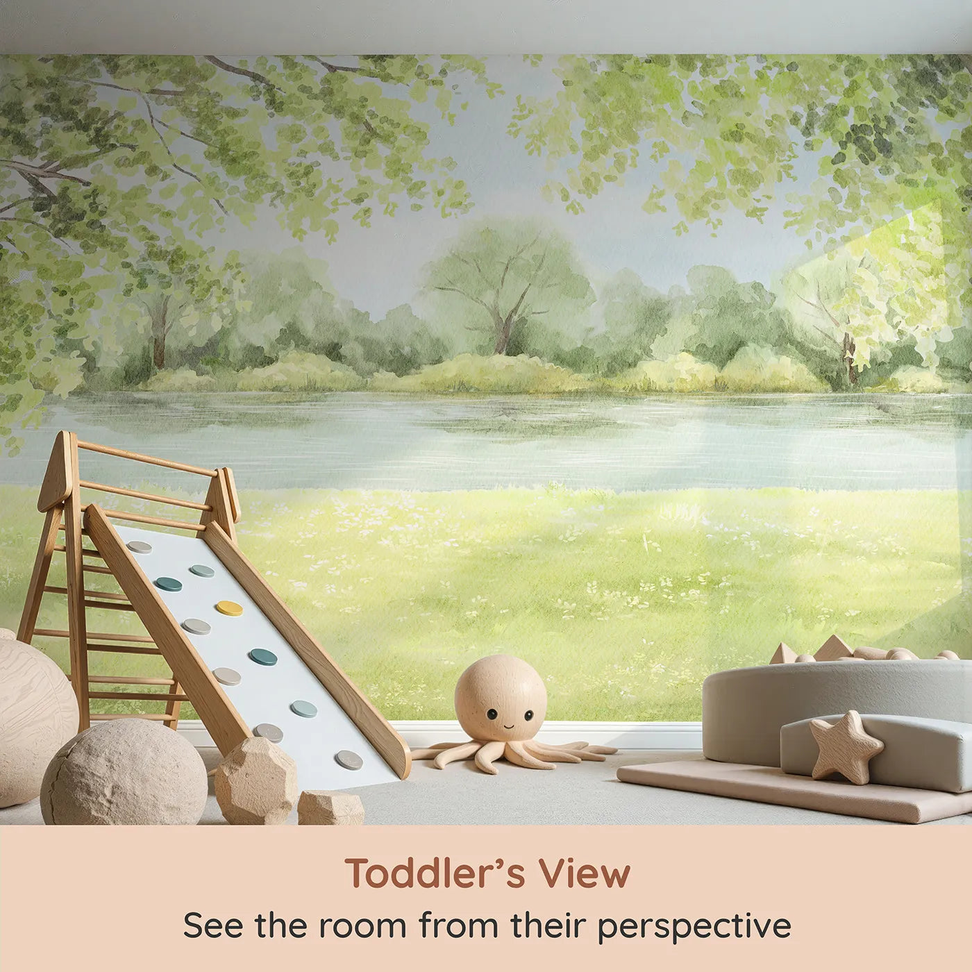 Whimsy Tots Peaceful Riverbank Wall Mural (Turn Their Room into a Serene, Sunlit Waterside Escape) from your child's view.Gender-Neutral