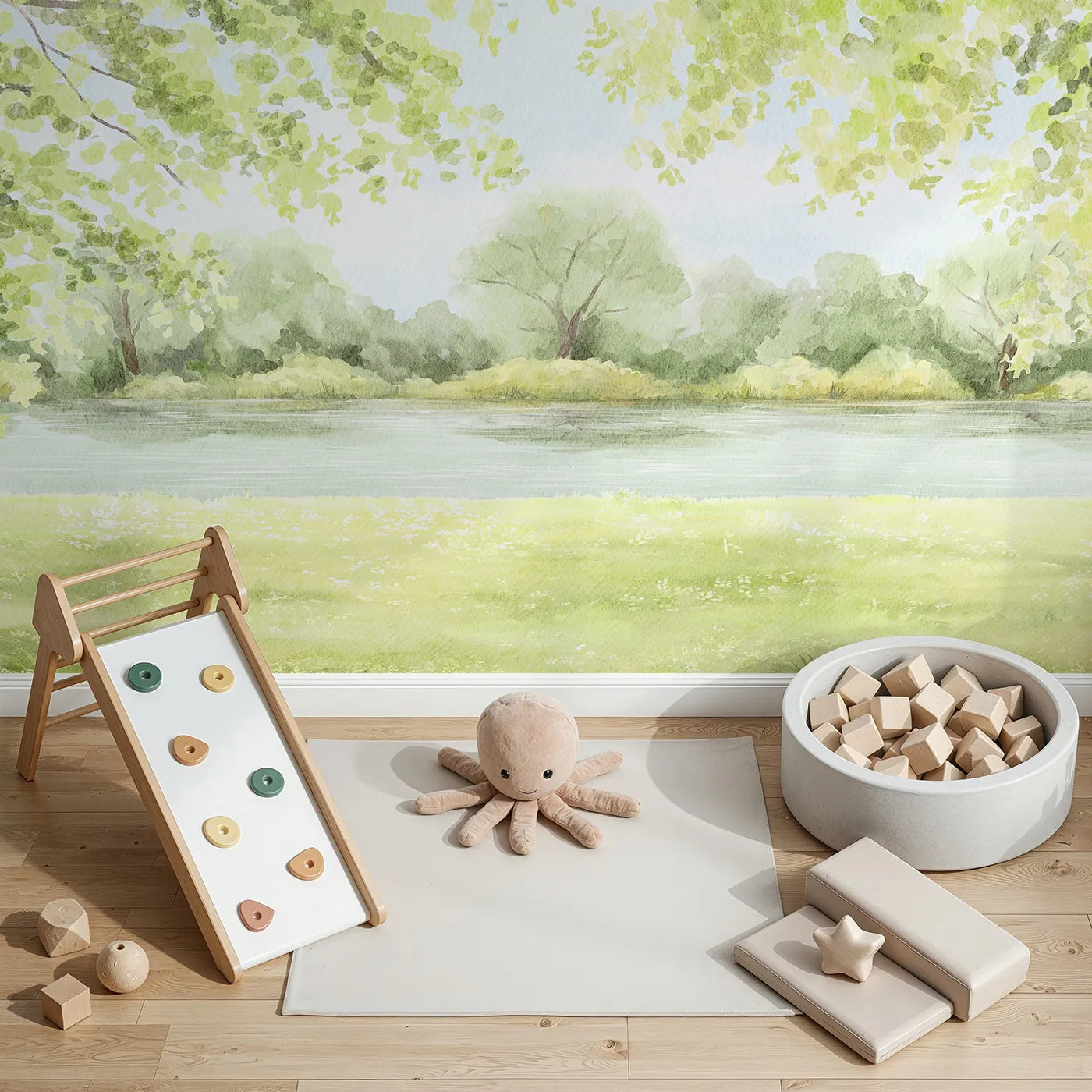 Top-down view of Whimsy Tots' Peaceful Riverbank Wall Mural (Turn Their Room into a Serene, Sunlit Waterside Escape).Gender-Neutral
