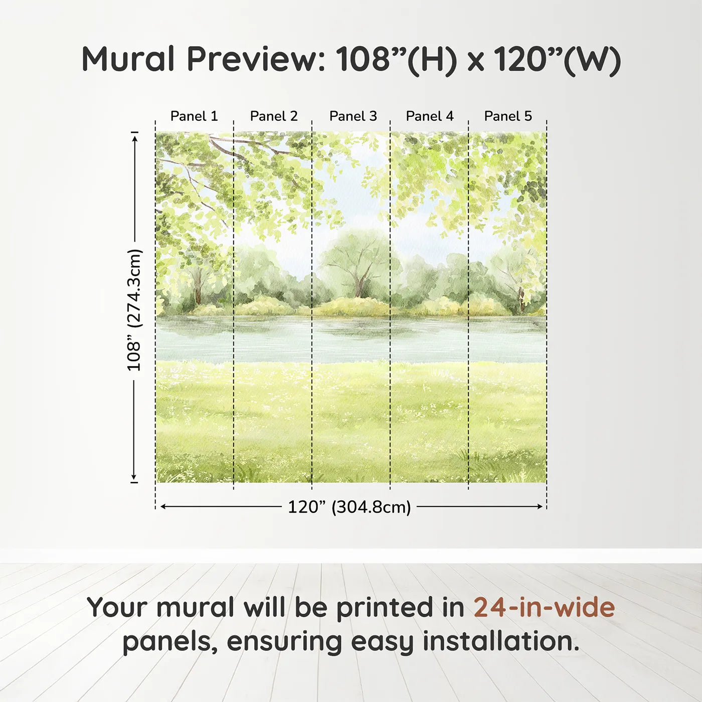 Whimsy Tots Peaceful Riverbank Wall Muraldimension view (108" H x 120" W). Printed in five 24-inch-wide panels. Gender-Neutral