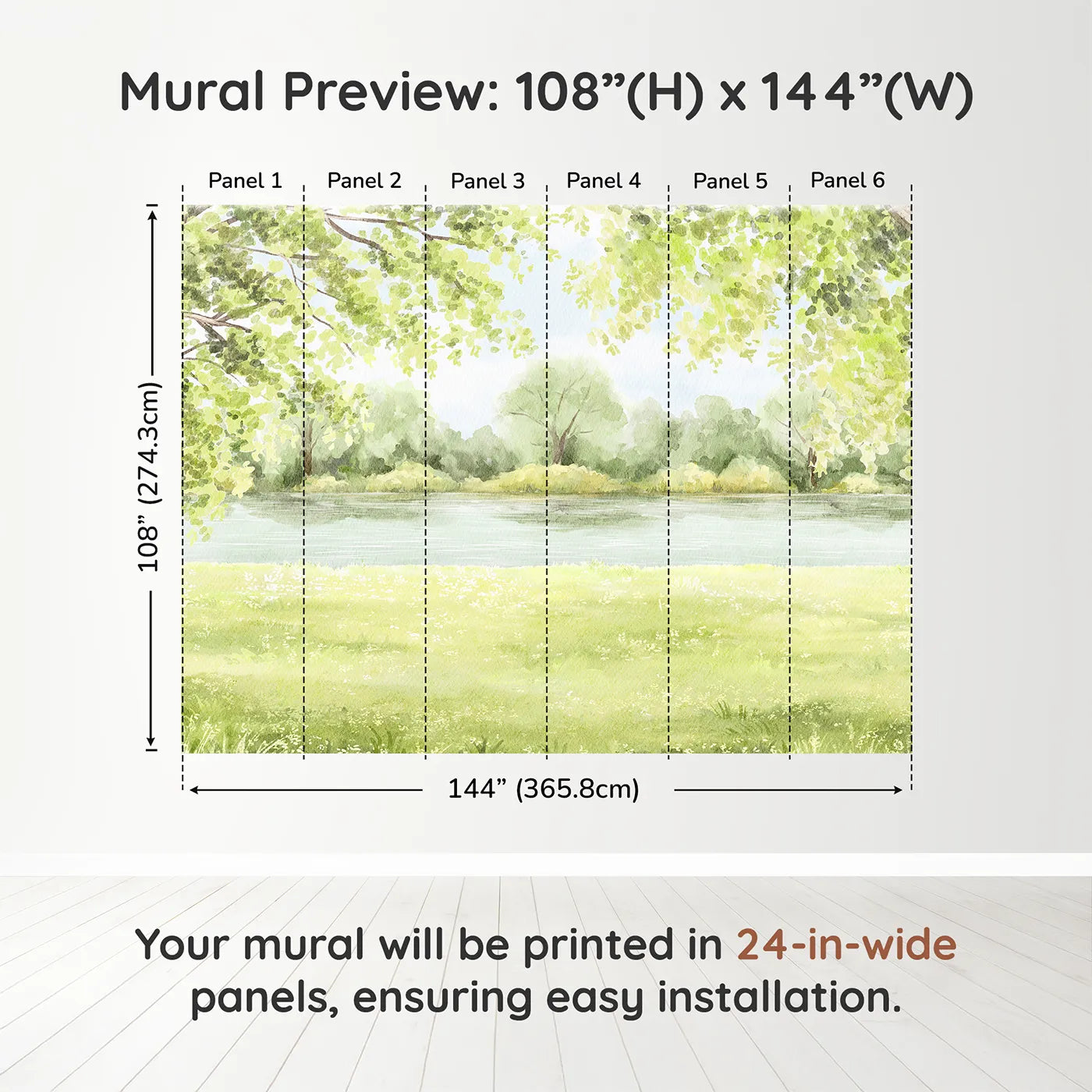 Whimsy Tots Peaceful Riverbank Wall Muraldimension view (108" H x 144" W). Printed in six 24-inch-wide panels. Gender-Neutral