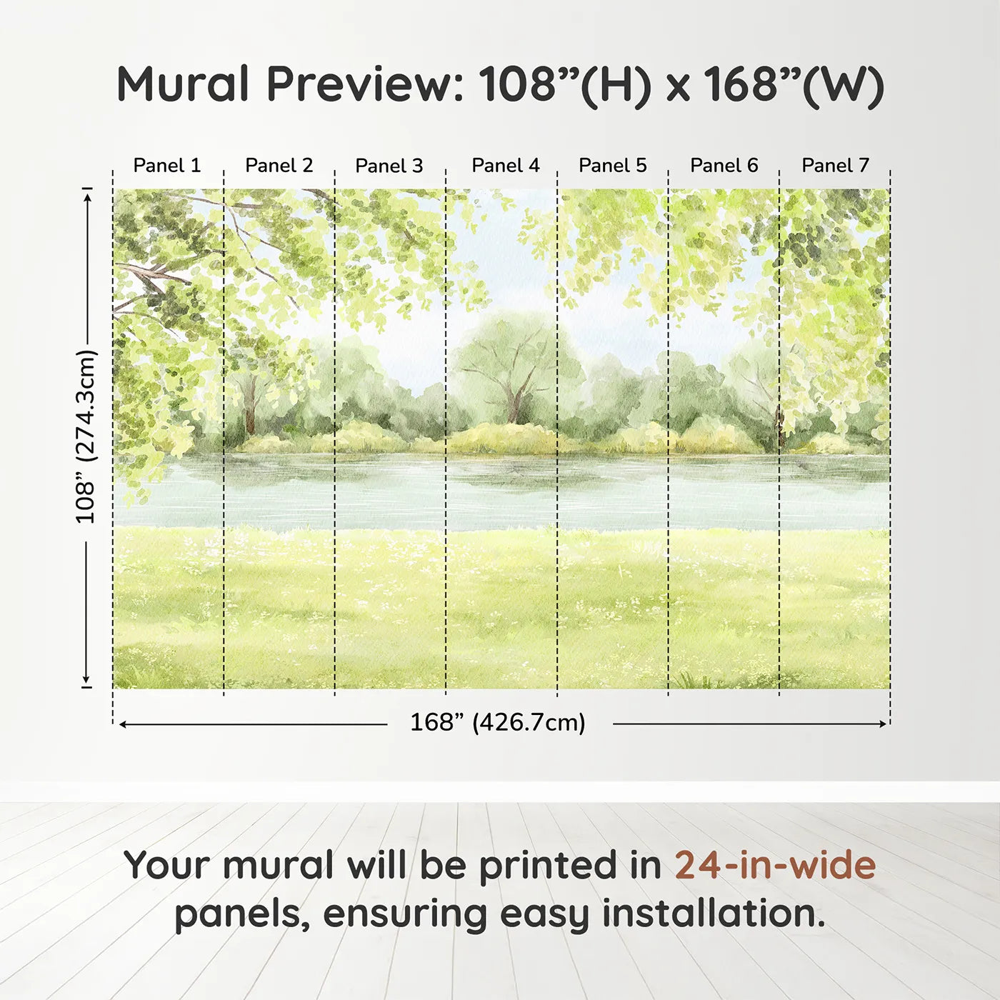 Whimsy Tots Peaceful Riverbank Wall Muraldimension view (108" H x 168" W). Printed in seven 24-inch-wide panels. Gender-Neutral