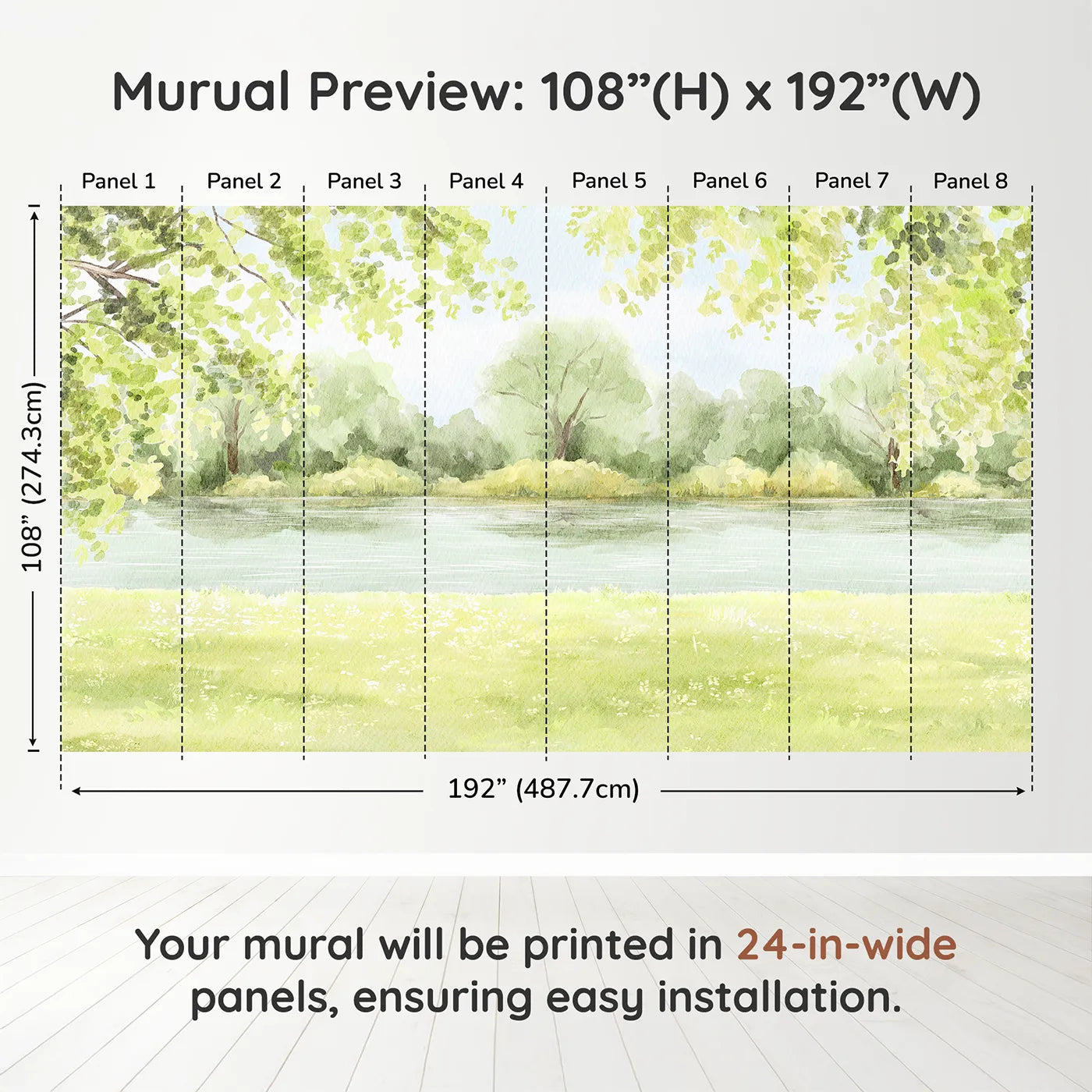 Whimsy Tots Peaceful Riverbank Wall Muraldimension view (108" H x 192" W). Printed in eight 24-inch-wide panels. Gender-Neutral