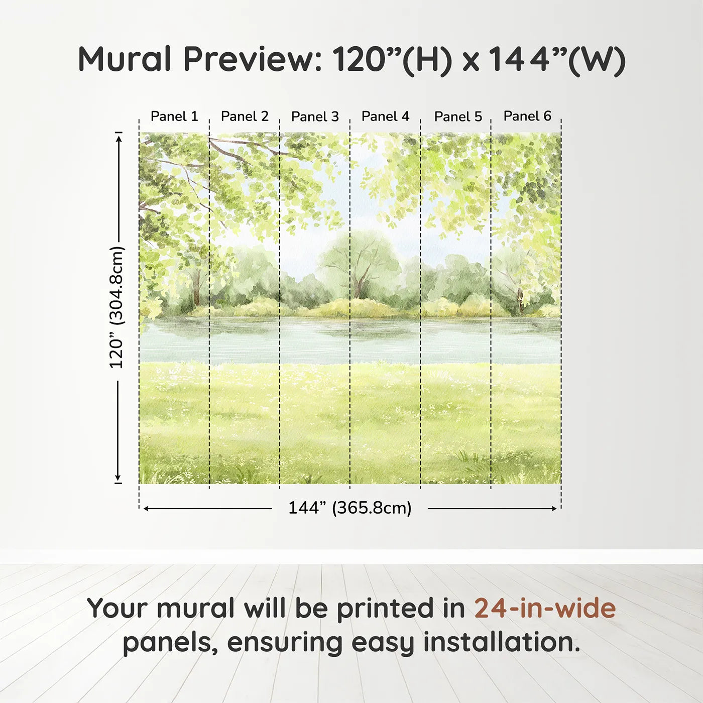 Whimsy Tots Peaceful Riverbank Wall Muraldimension view (120" H x 144" W). Printed in six 24-inch-wide panels. Gender-Neutral