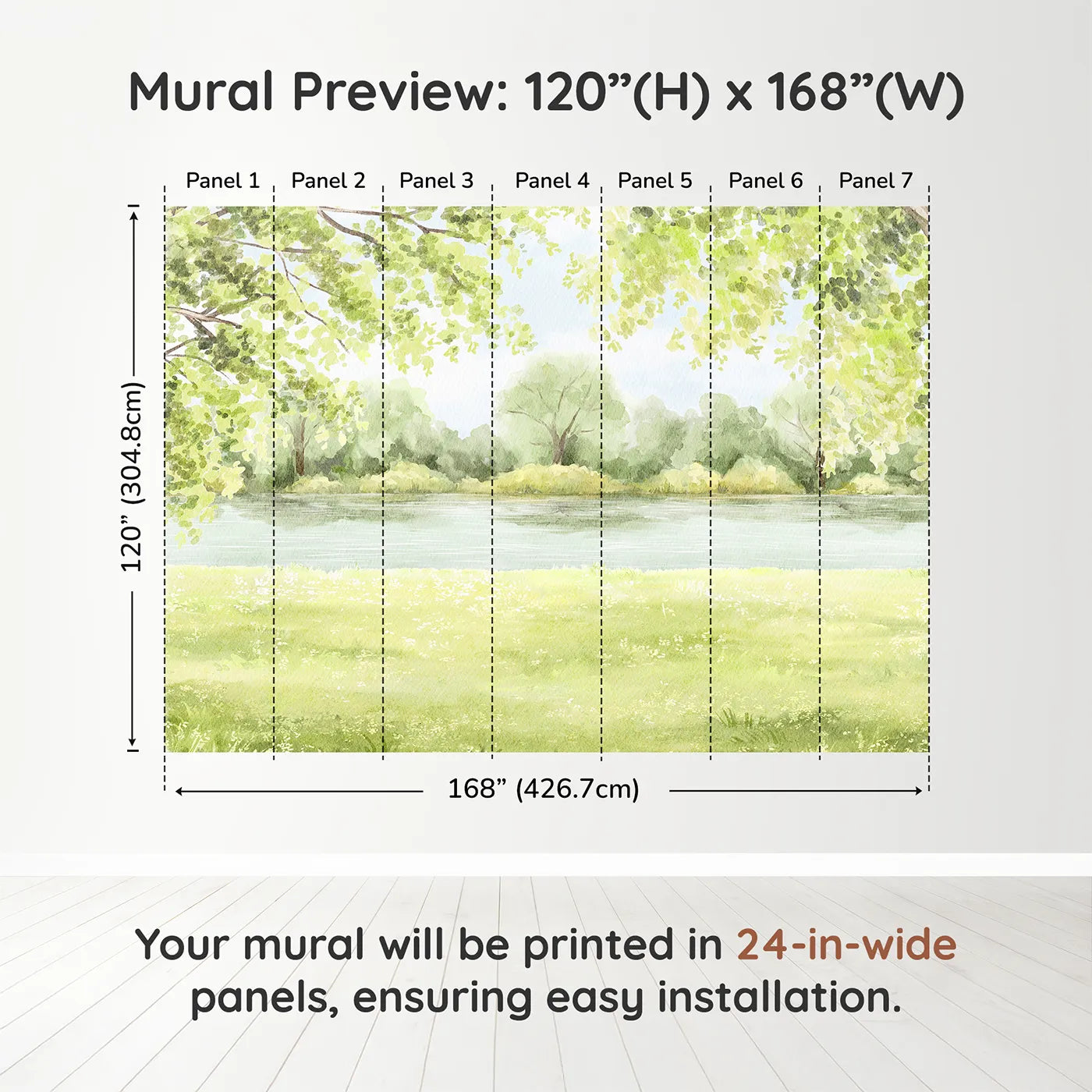 Whimsy Tots Peaceful Riverbank Wall Muraldimension view (120" H x 168" W). Printed in seven 24-inch-wide panels. Gender-Neutral