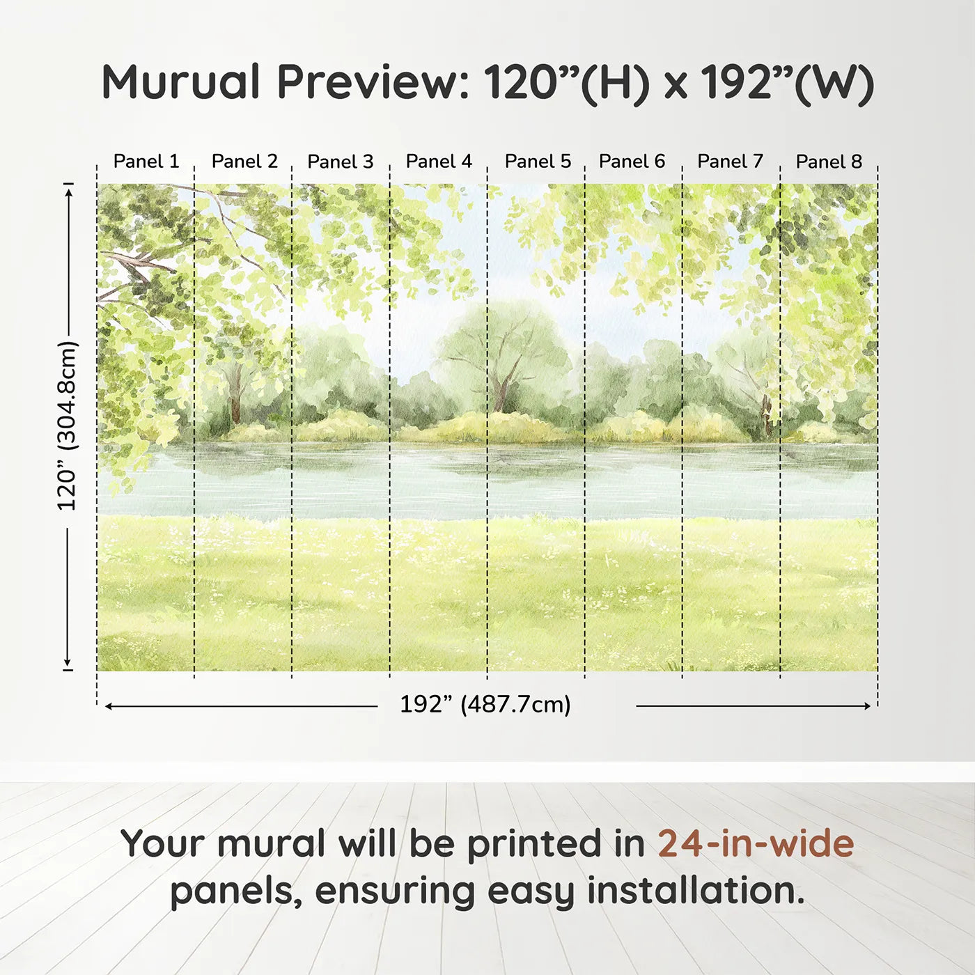 Whimsy Tots Peaceful Riverbank Wall Muraldimension view (120" H x 192" W). Printed in eight 24-inch-wide panels. Gender-Neutral