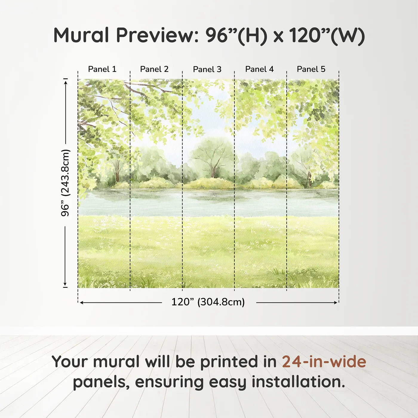 Whimsy Tots Peaceful Riverbank Wall Muraldimension view (96" H x 120" W). Printed in five 24-inch-wide panels. Gender-Neutral