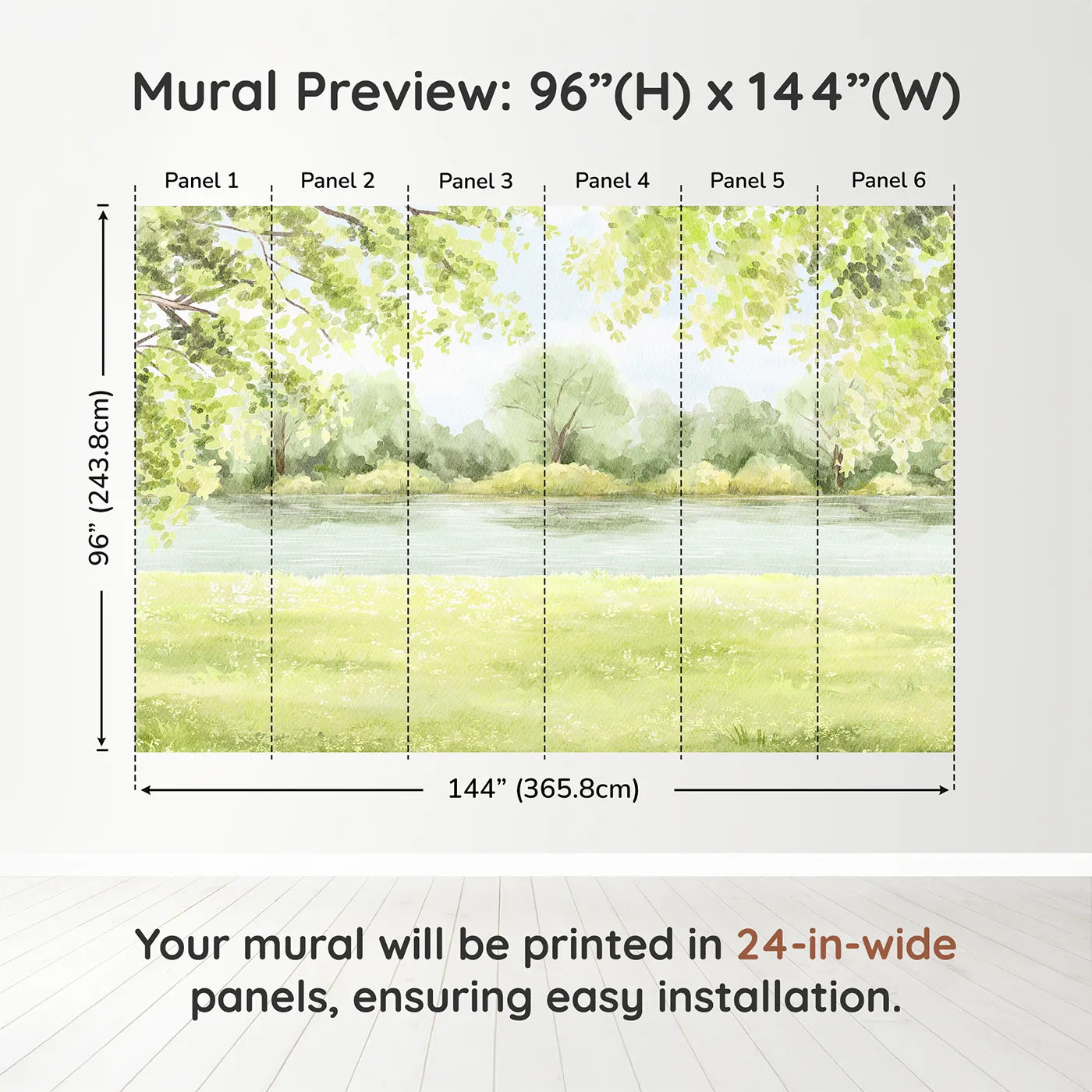 Whimsy Tots Peaceful Riverbank Wall Muraldimension view (96" H x 144" W). Printed in six 24-inch-wide panels. Gender-Neutral