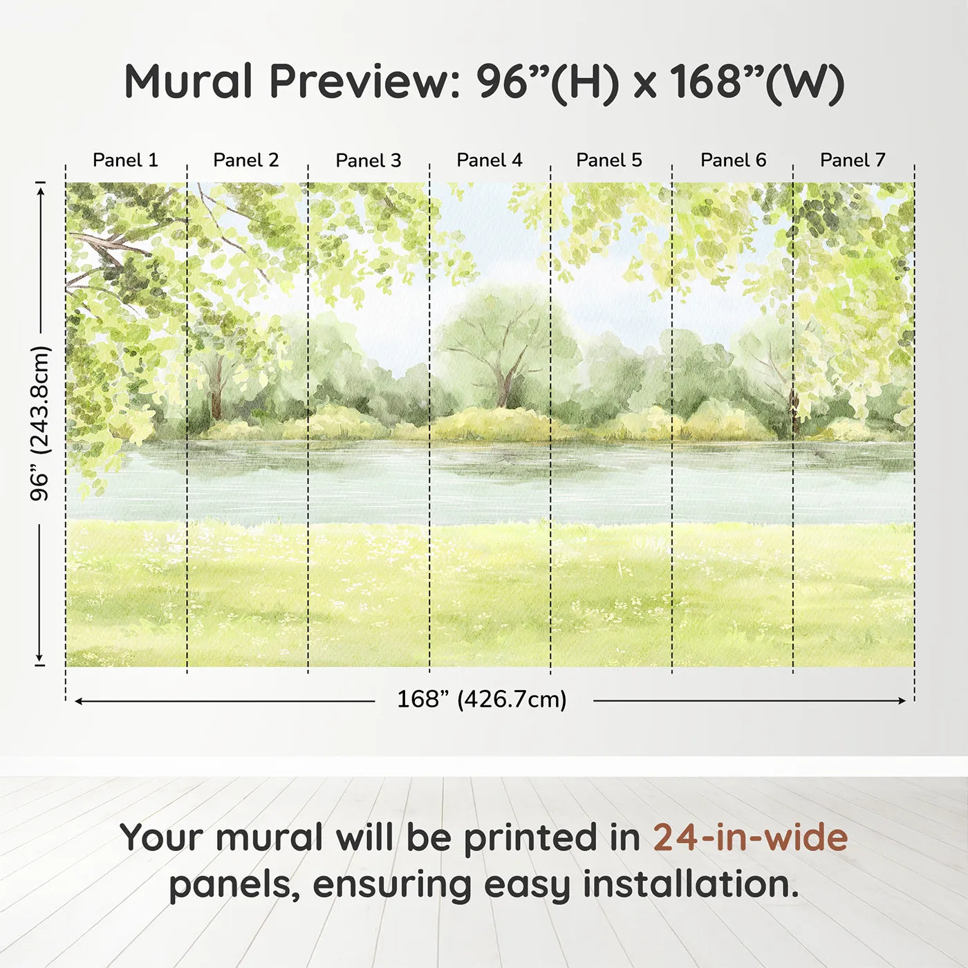 Whimsy Tots Peaceful Riverbank Wall Muraldimension view (96" H x 168" W). Printed in seven 24-inch-wide panels. Gender-Neutral