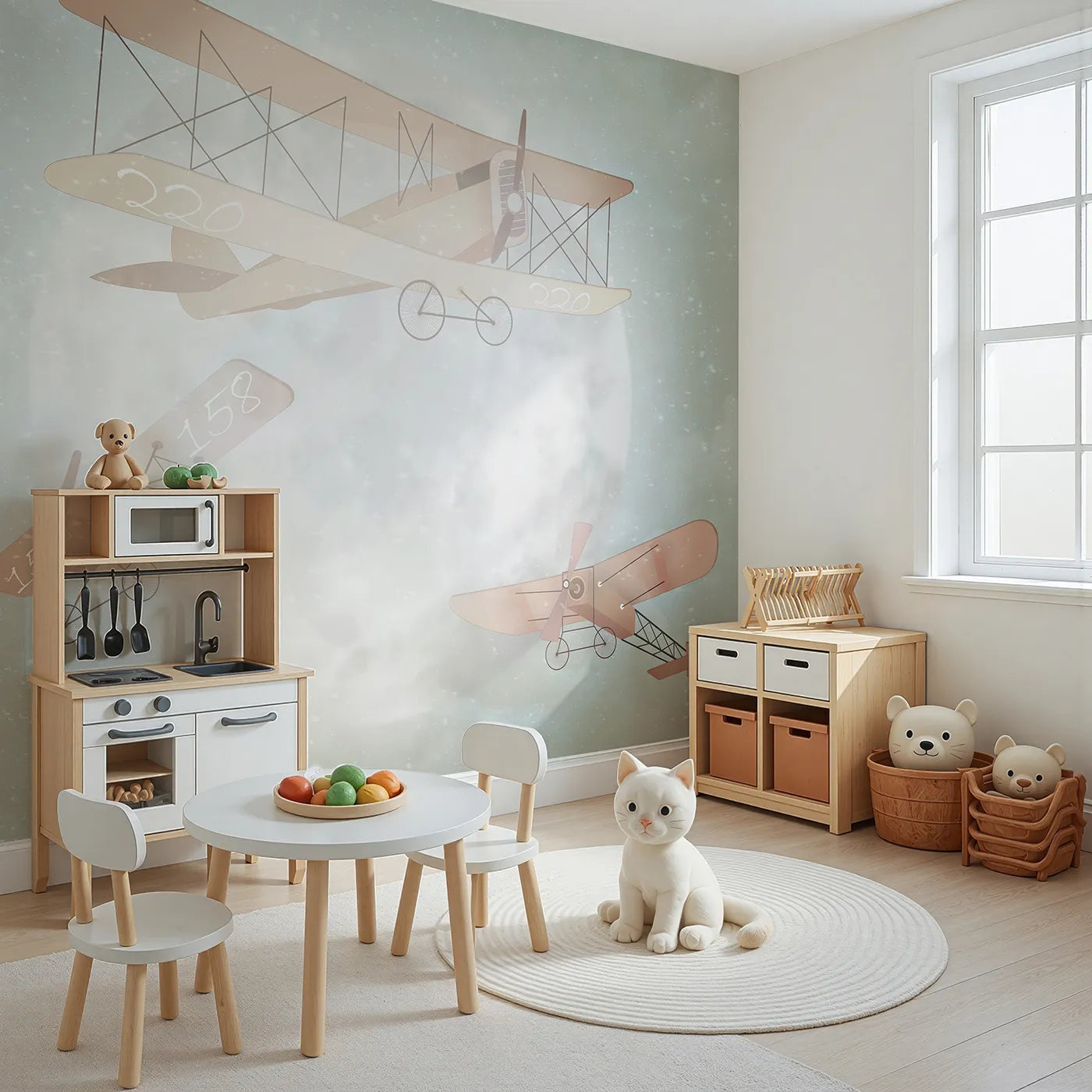 Angled view of Whimsy Tots' Moonlit Aviators Wall Mural (Turn Their Room into a Magical, Snowy Night Adventure).Gender-Neutral