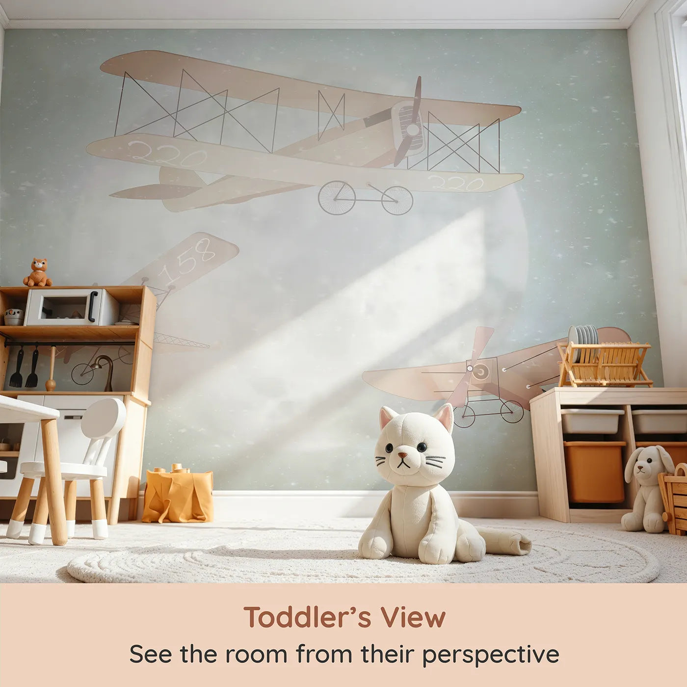 Whimsy Tots Moonlit Aviators Wall Mural (Turn Their Room into a Magical, Snowy Night Adventure) from your child's view.Gender-Neutral