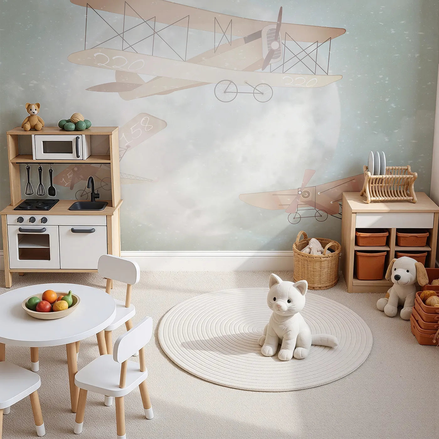 Top-down view of Whimsy Tots' Moonlit Aviators Wall Mural (Turn Their Room into a Magical, Snowy Night Adventure).Gender-Neutral