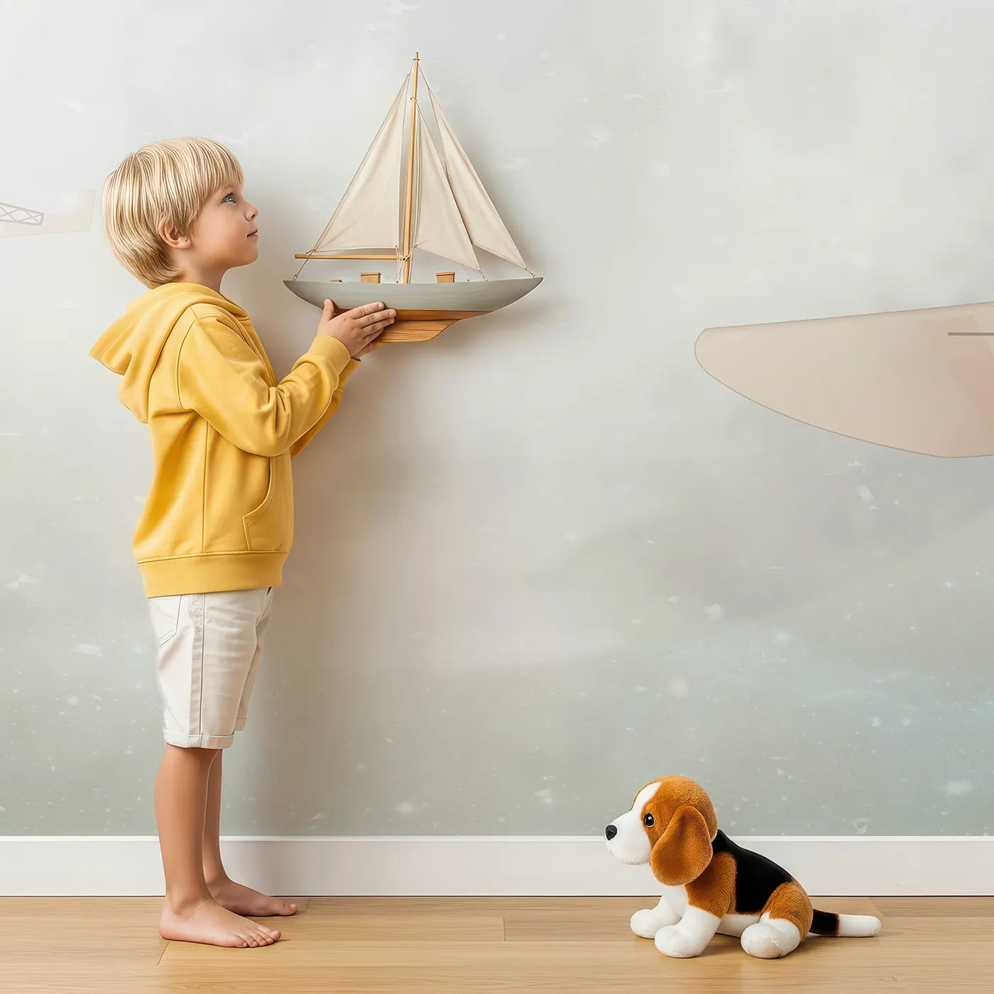 Child in front of Whimsy Tots Moonlit Aviators Wall Mural with airplane, moon, night, vintage, snow, sky, flight, sepia in design.