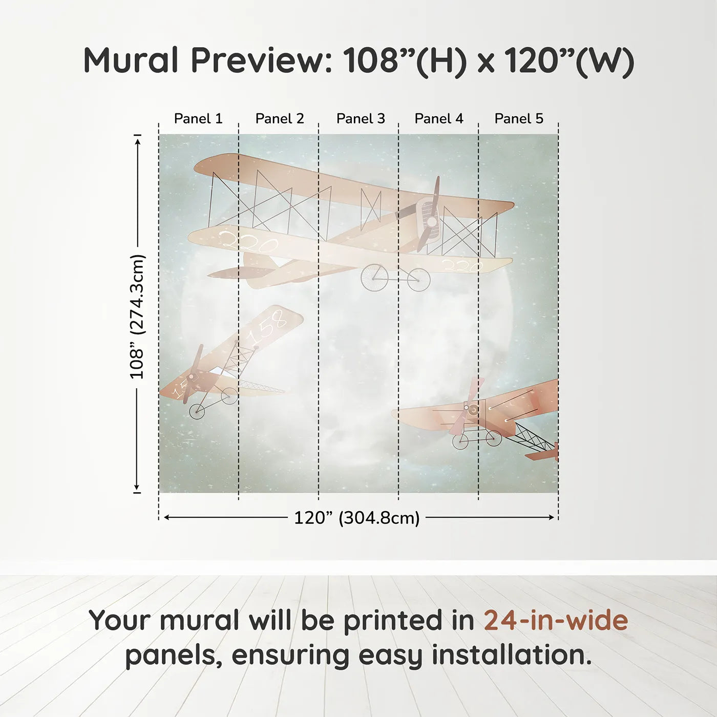 Whimsy Tots Moonlit Aviators Wall Muraldimension view (108" H x 120" W). Printed in five 24-inch-wide panels. Gender-Neutral