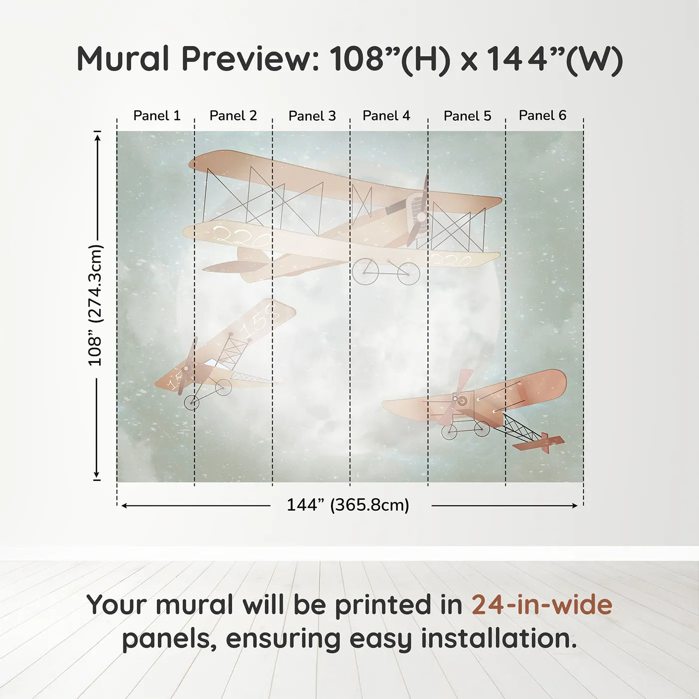 Whimsy Tots Moonlit Aviators Wall Muraldimension view (108" H x 144" W). Printed in six 24-inch-wide panels. Gender-Neutral