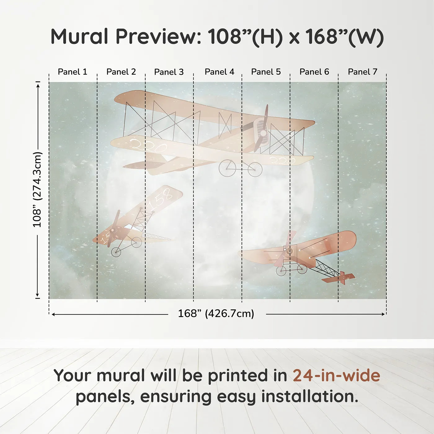 Whimsy Tots Moonlit Aviators Wall Muraldimension view (108" H x 168" W). Printed in seven 24-inch-wide panels. Gender-Neutral