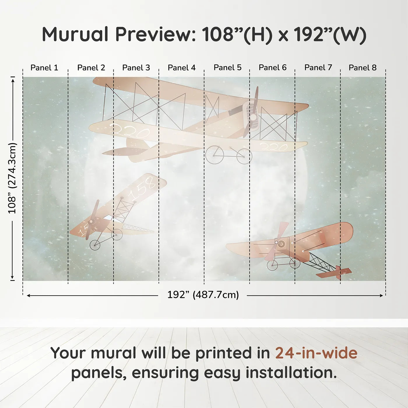 Whimsy Tots Moonlit Aviators Wall Muraldimension view (108" H x 192" W). Printed in eight 24-inch-wide panels. Gender-Neutral