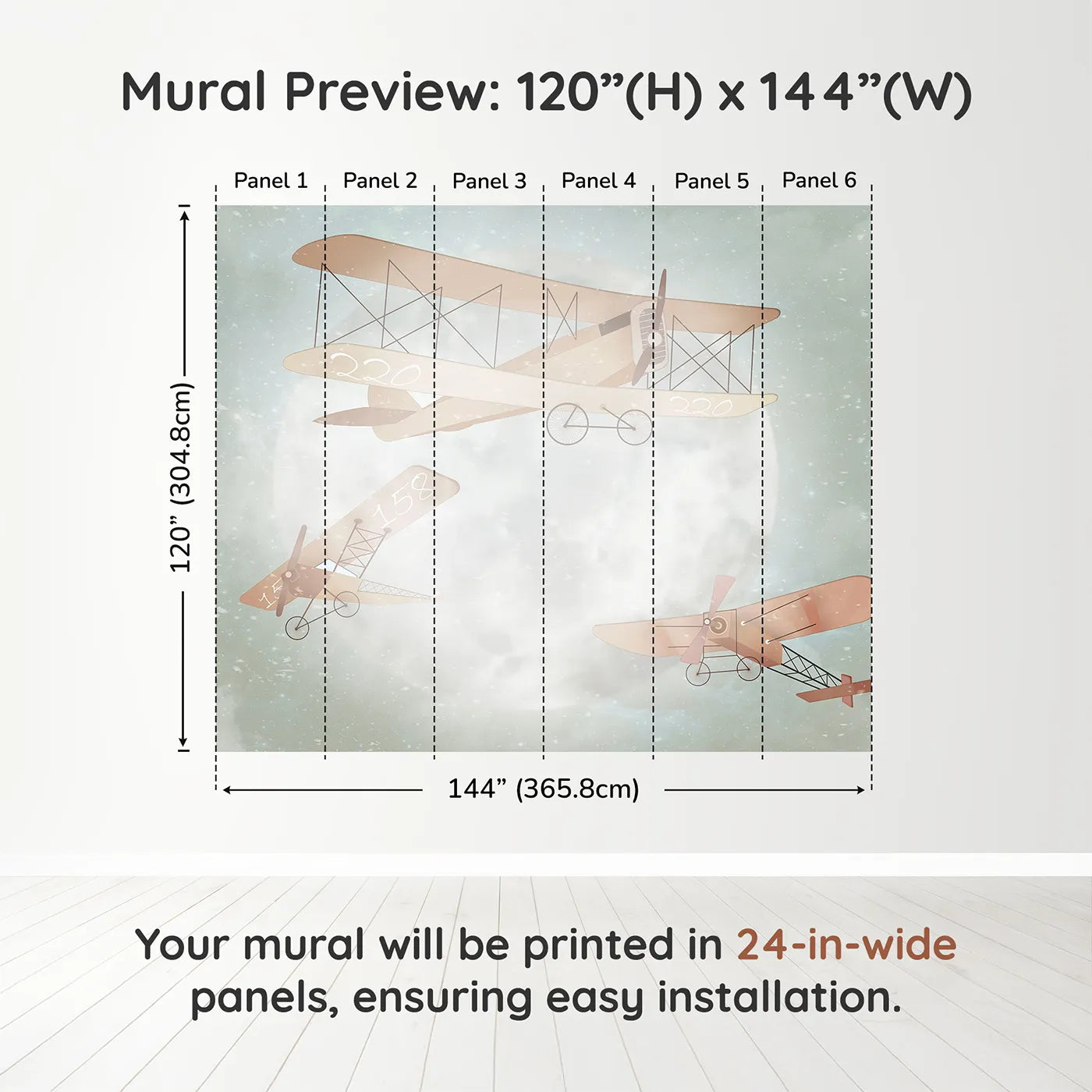 Whimsy Tots Moonlit Aviators Wall Muraldimension view (120" H x 144" W). Printed in six 24-inch-wide panels. Gender-Neutral