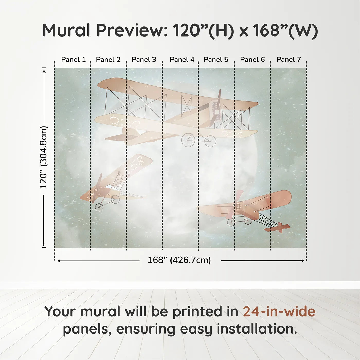 Whimsy Tots Moonlit Aviators Wall Muraldimension view (120" H x 168" W). Printed in seven 24-inch-wide panels. Gender-Neutral