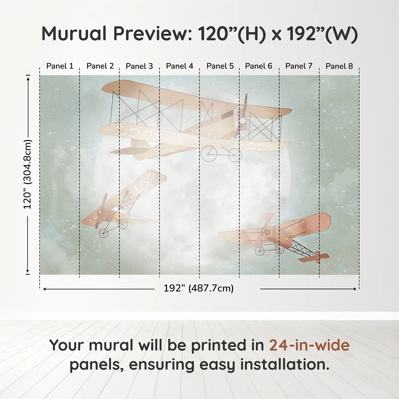 Whimsy Tots Moonlit Aviators Wall Muraldimension view (120" H x 192" W). Printed in eight 24-inch-wide panels. Gender-Neutral