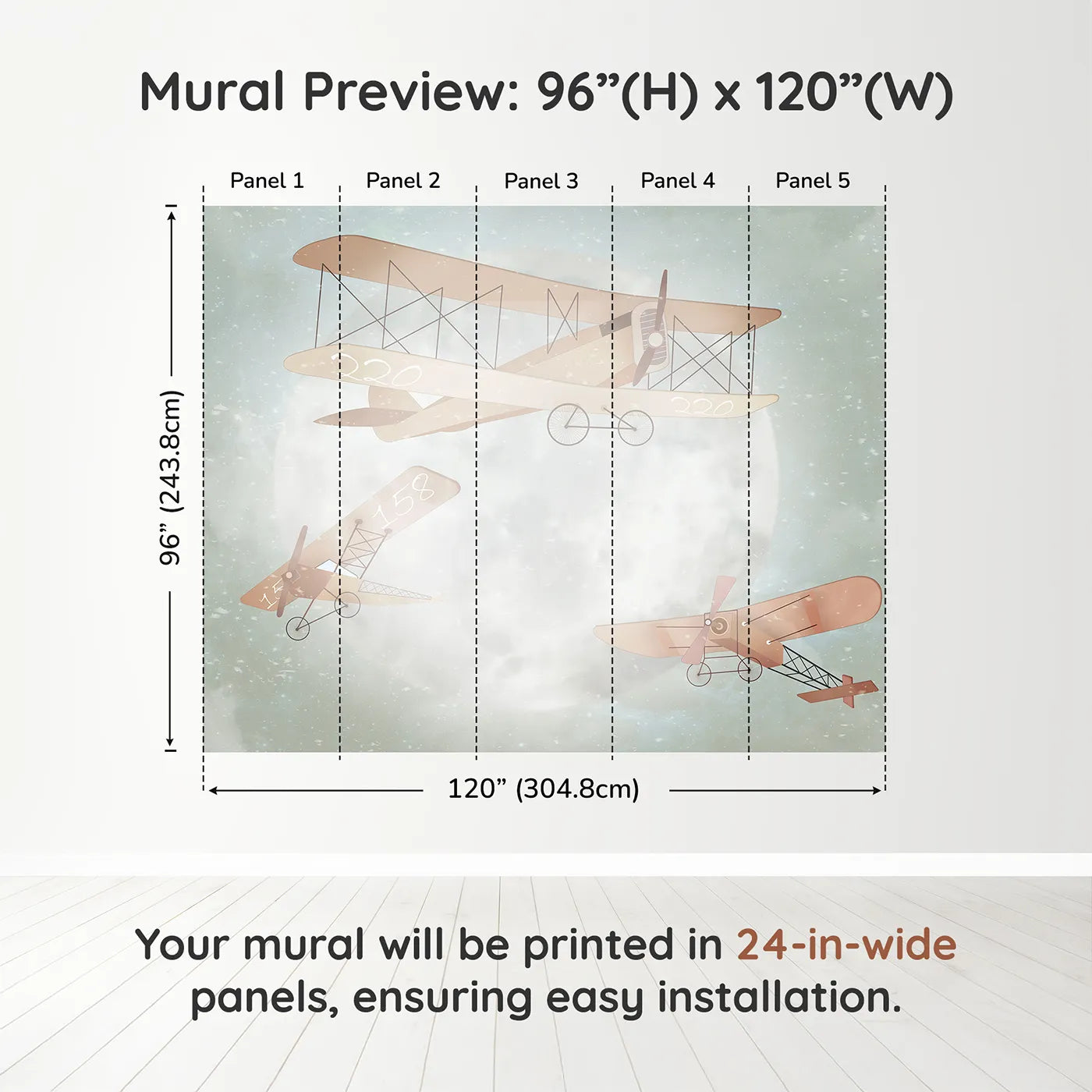 Whimsy Tots Moonlit Aviators Wall Muraldimension view (96" H x 120" W). Printed in five 24-inch-wide panels. Gender-Neutral