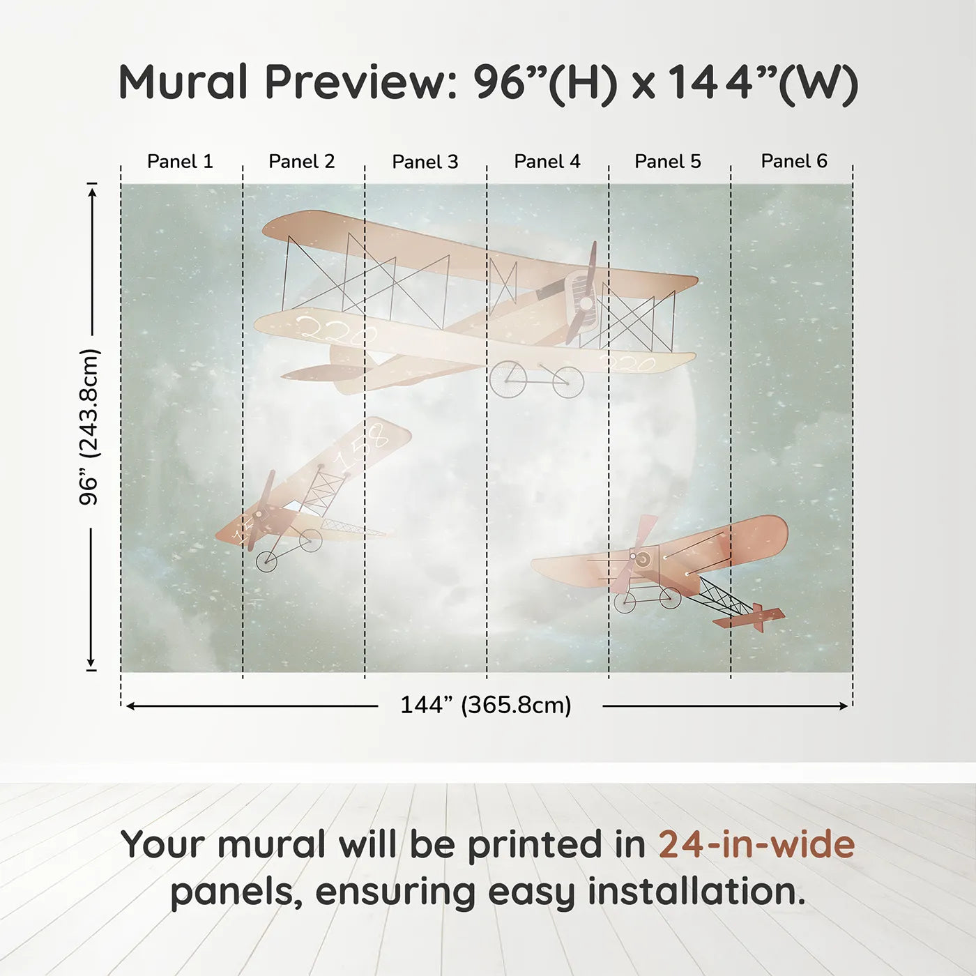 Whimsy Tots Moonlit Aviators Wall Muraldimension view (96" H x 144" W). Printed in six 24-inch-wide panels. Gender-Neutral