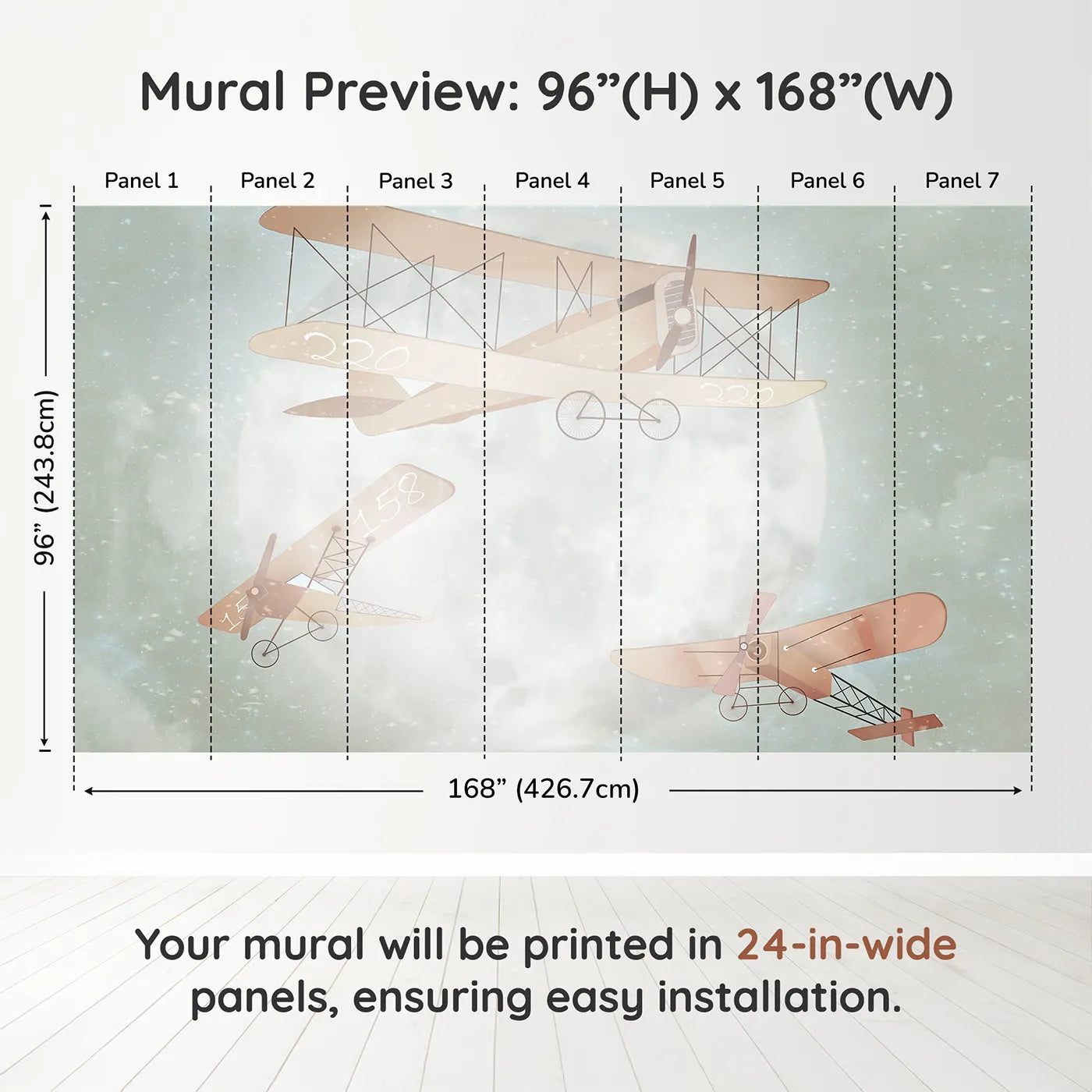 Whimsy Tots Moonlit Aviators Wall Muraldimension view (96" H x 168" W). Printed in seven 24-inch-wide panels. Gender-Neutral